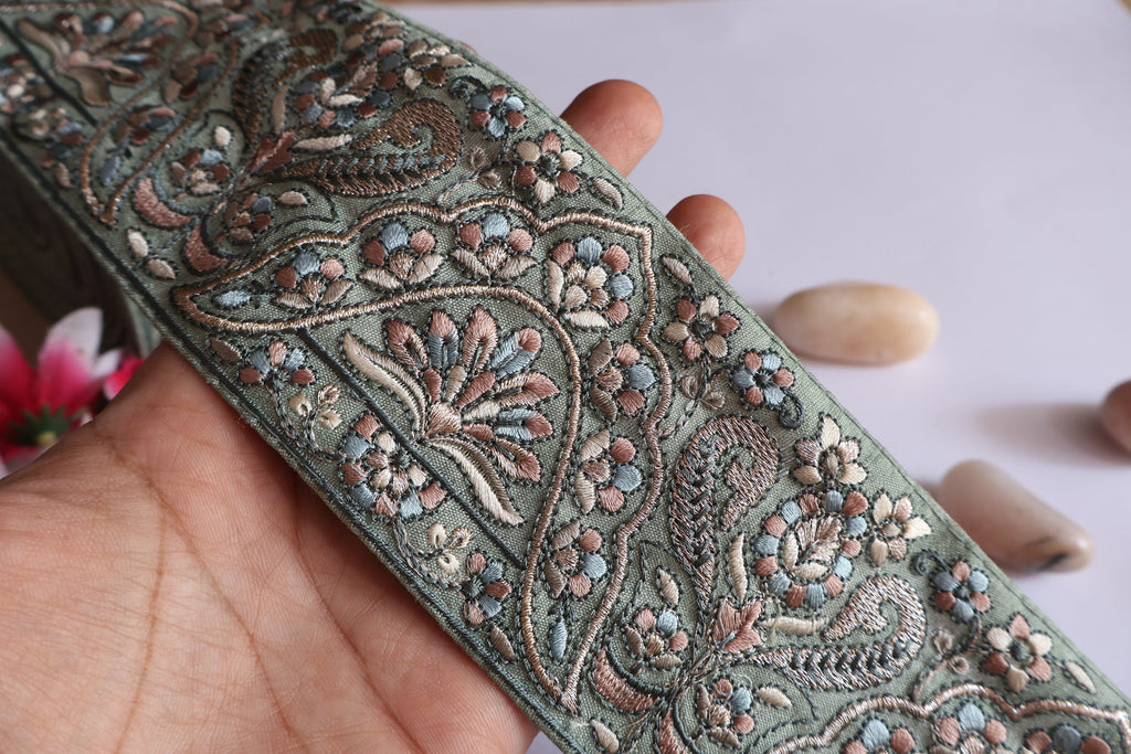 Mint Green Floral Embroidered Trim: Indian Sari Border, 3 Yards