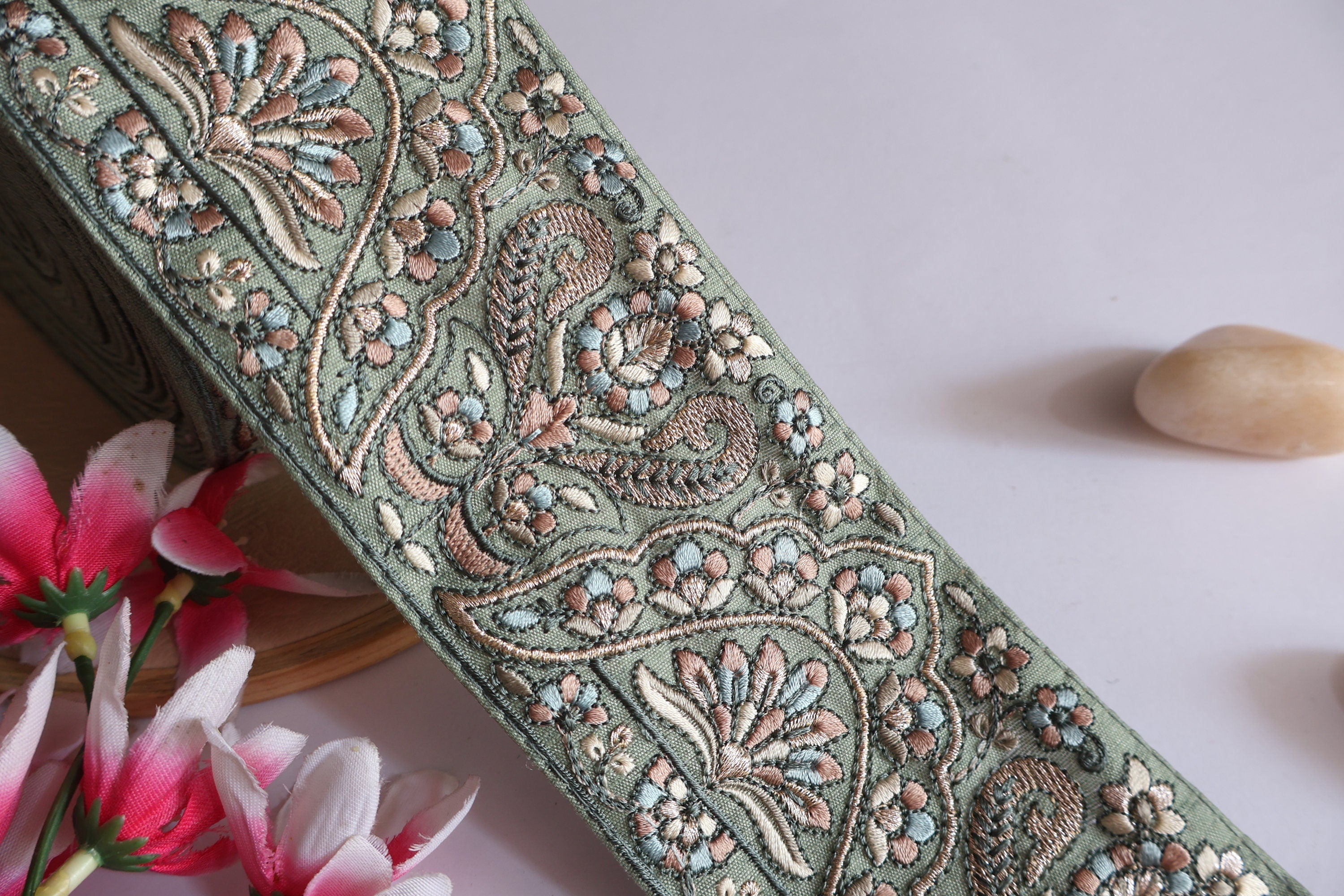 Mint Green Floral Embroidered Trim: Indian Sari Border, 3 Yards