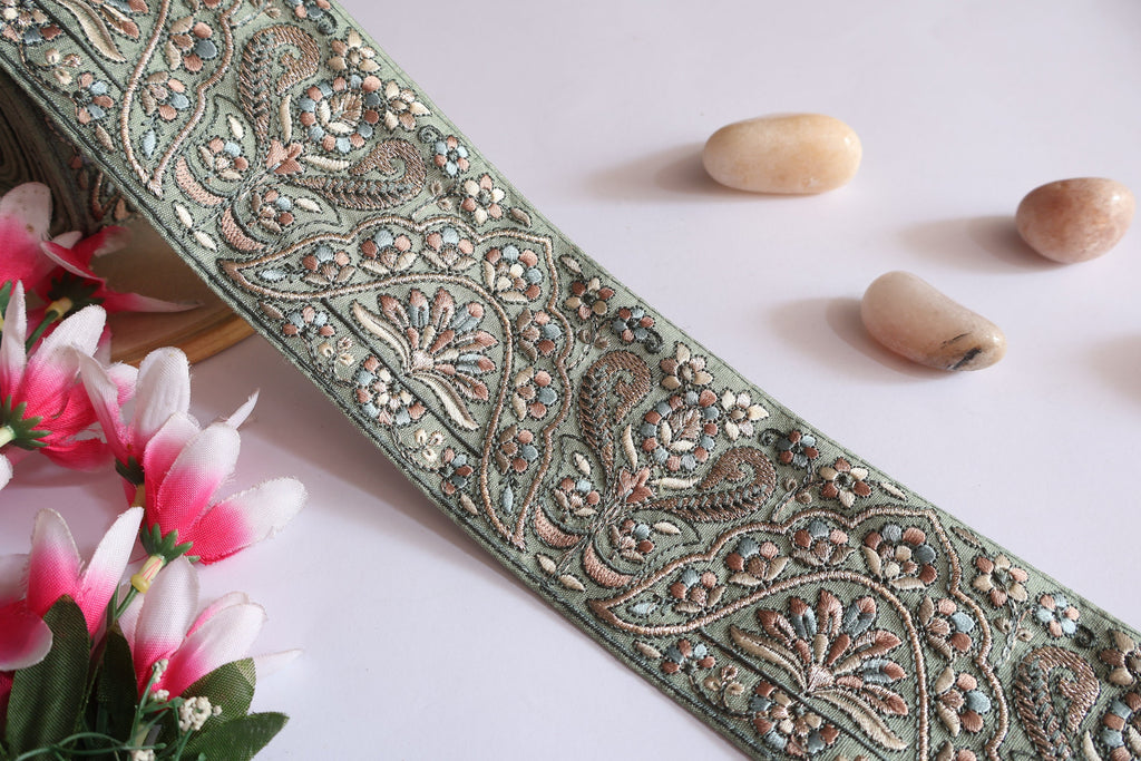 Mint Green Floral Embroidered Trim: Indian Sari Border, 3 Yards