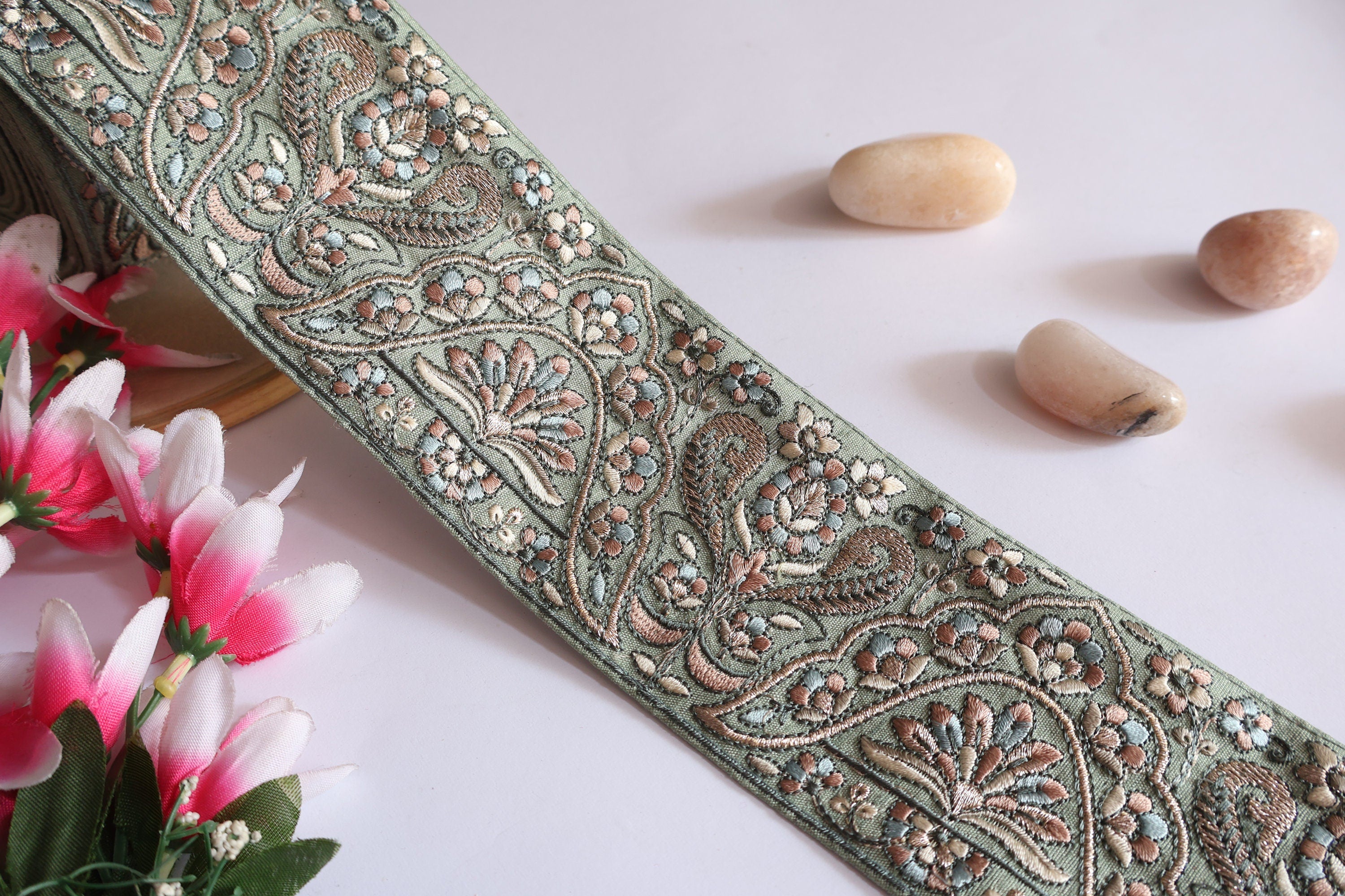 Mint Green Floral Embroidered Trim: Indian Sari Border, 3 Yards