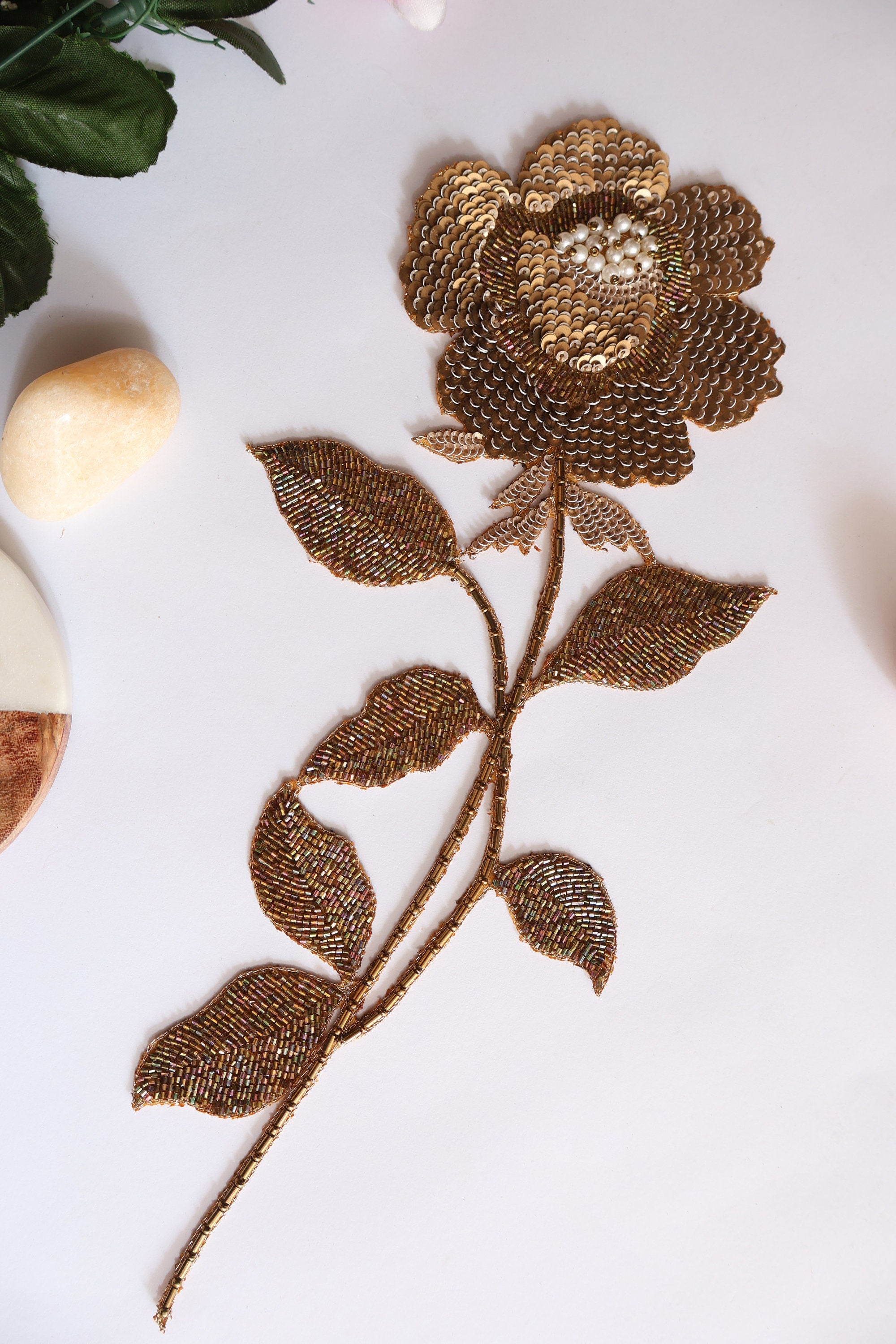 Gold Embroidered Rose Patch: Beaded Zardozi Applique