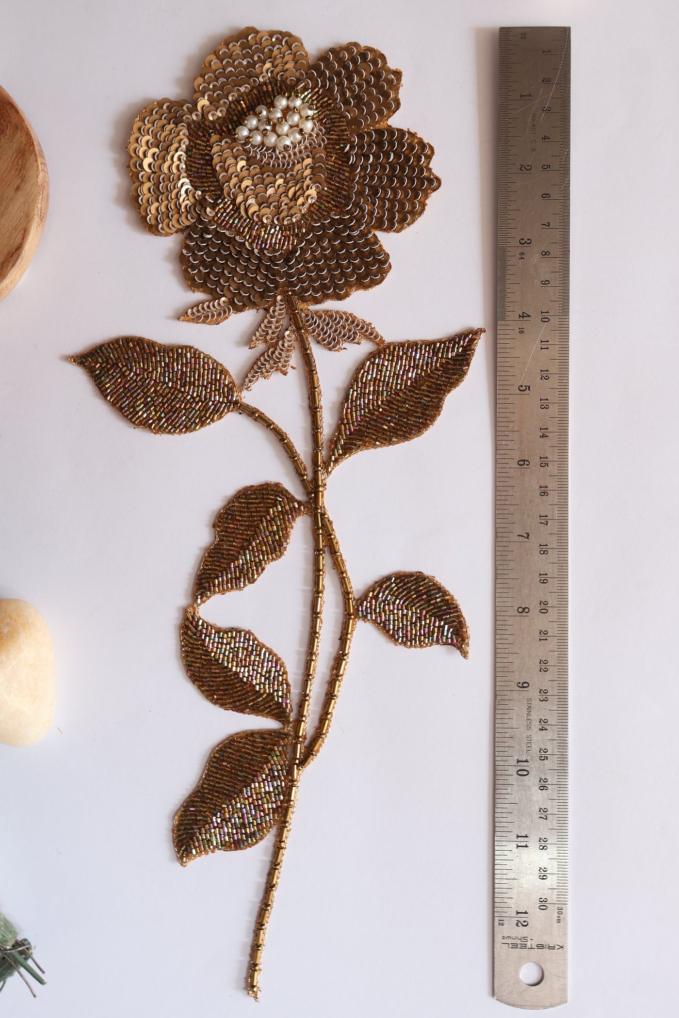 Dark Gold Sew on Embroidered Rose Patch - 1 Pc