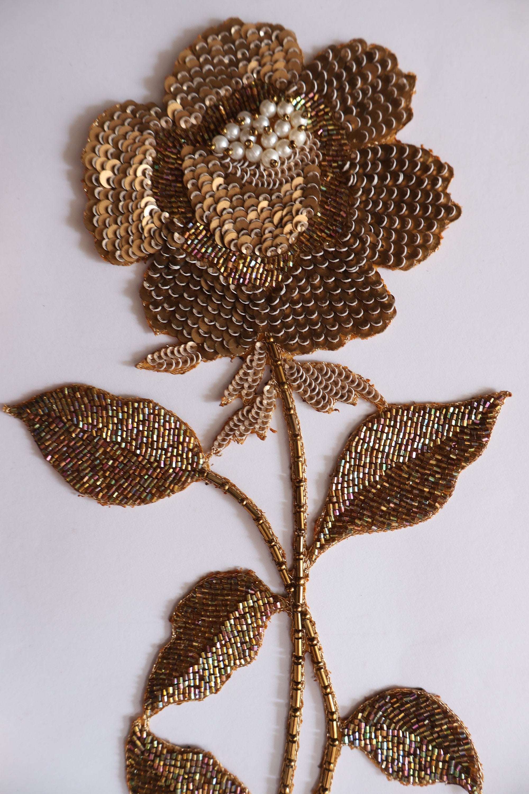 Gold Embroidered Rose Patch: Beaded Zardozi Applique