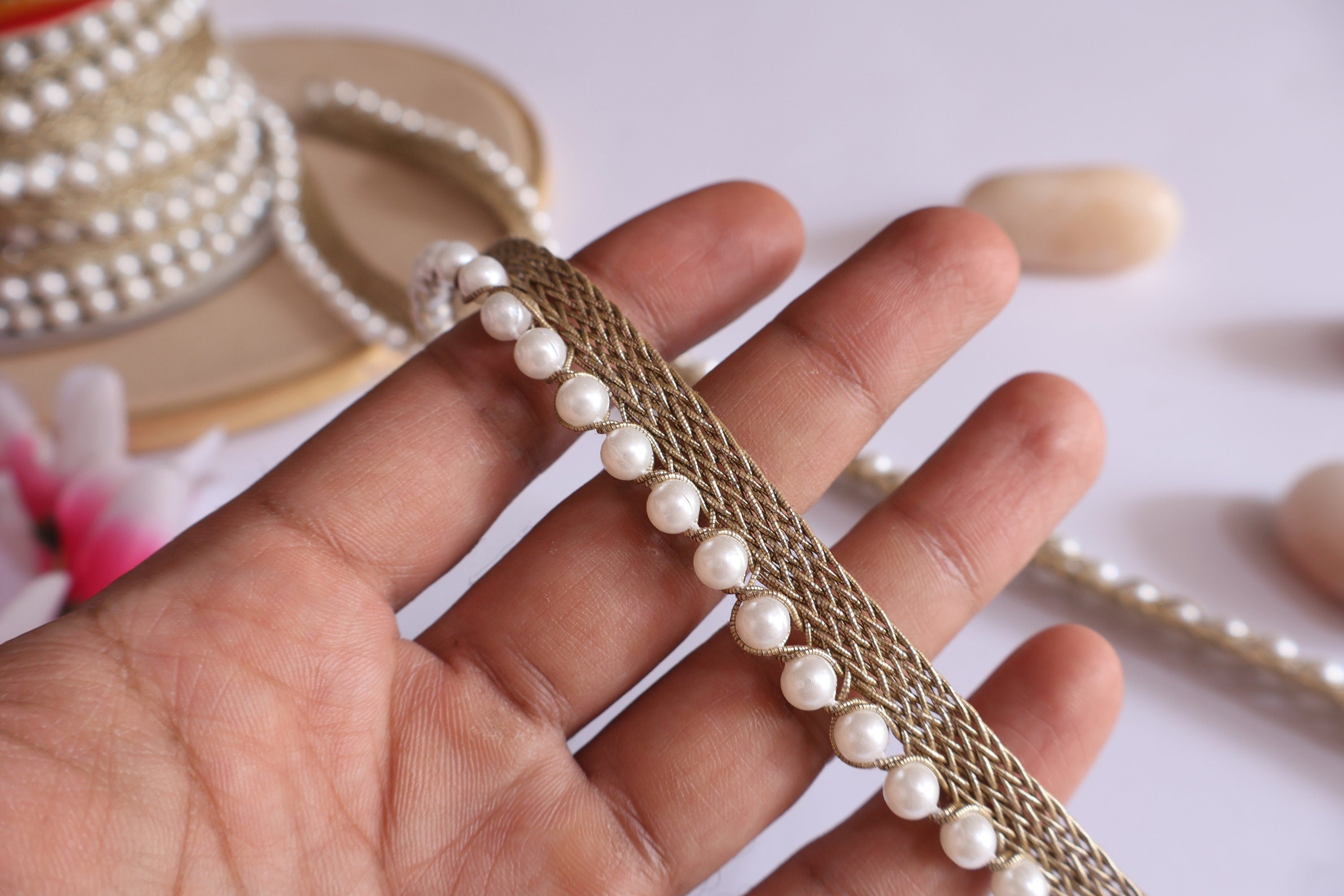 Pearl Piping Trim: Indian Embroidered Border Lace (9 Yards)