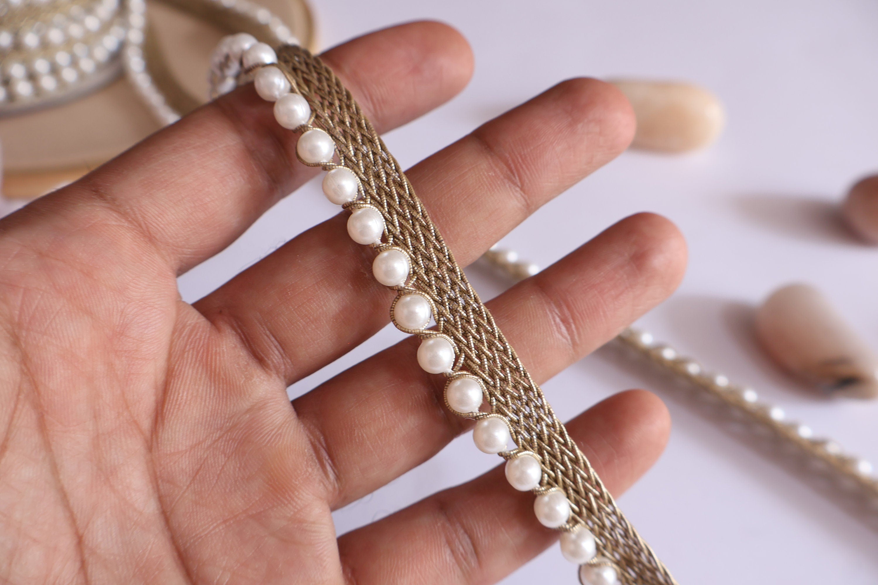 Pearl Piping Trim: Indian Embroidered Border Lace (9 Yards)