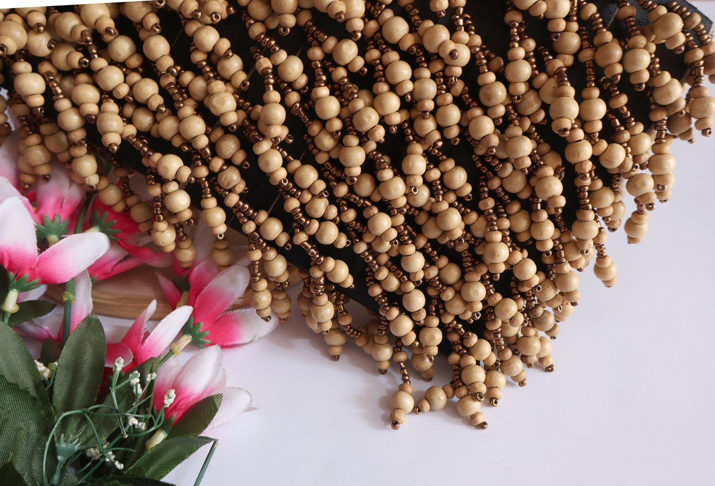 Wooden Beaded Tassel Trim: Indian Dupatta Lace, Sewing, Drapery (5cm)
