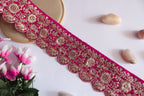 Magenta Pink Velvet Lace Border: Gold Zari Sari Trim, 8cm Wide