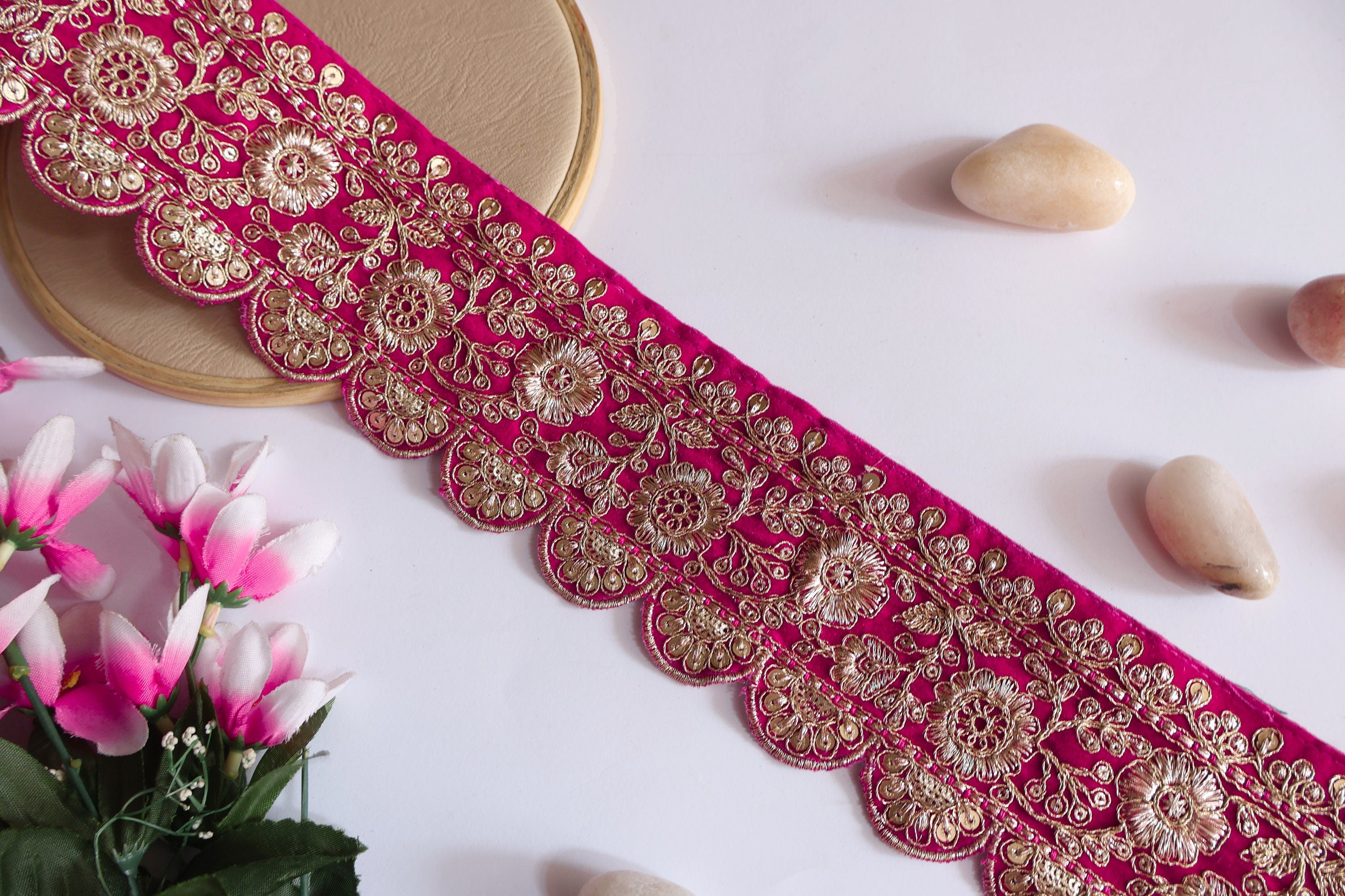 Magenta Pink Velvet Lace Border: Gold Zari Sari Trim, 8cm Wide