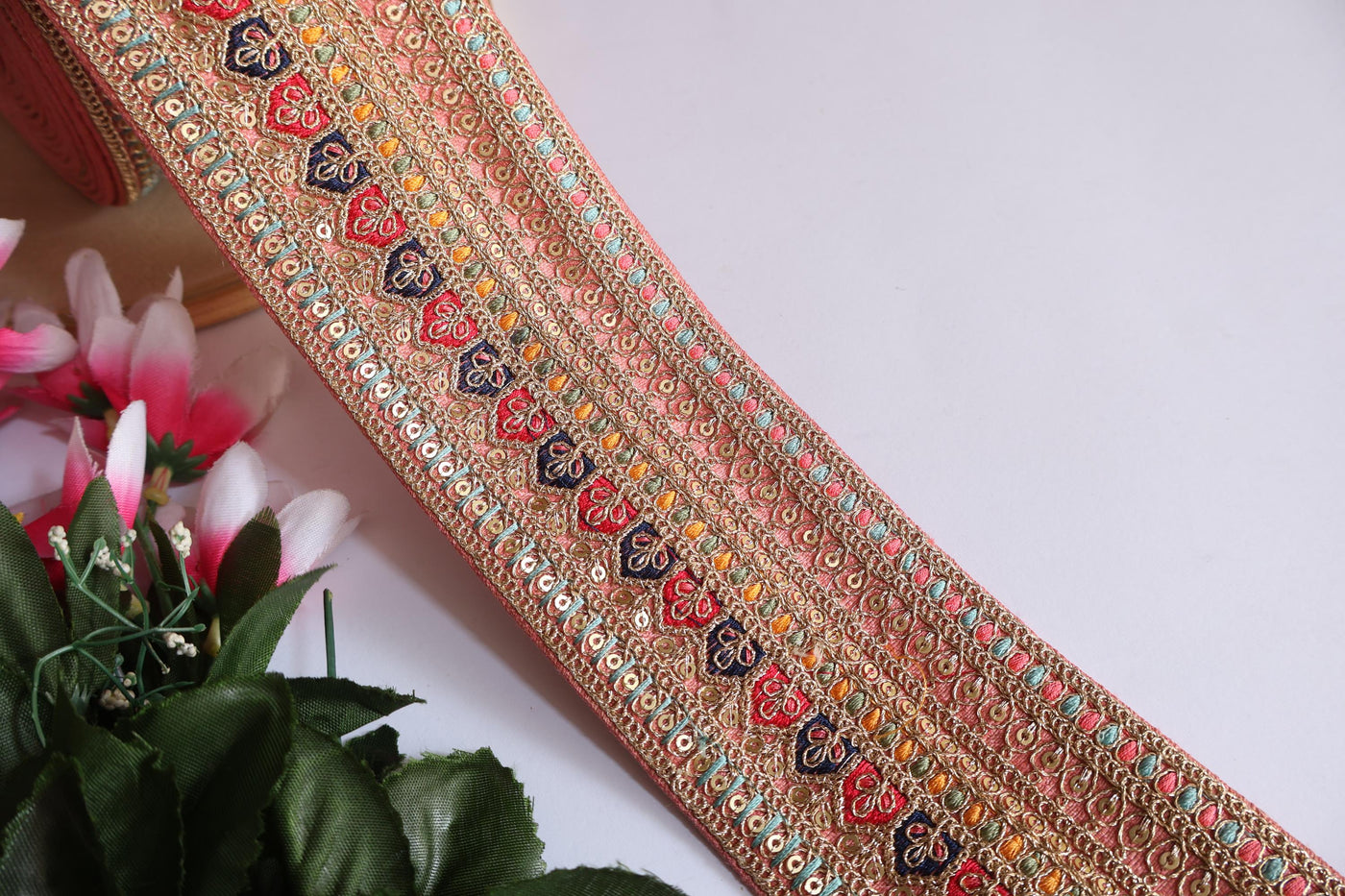 Light Peach Zari Sequin Embroidered Border Trim - 1 Yard