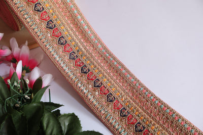 Light Peach Zari Sequin Embroidered Border Trim - 1 Yard