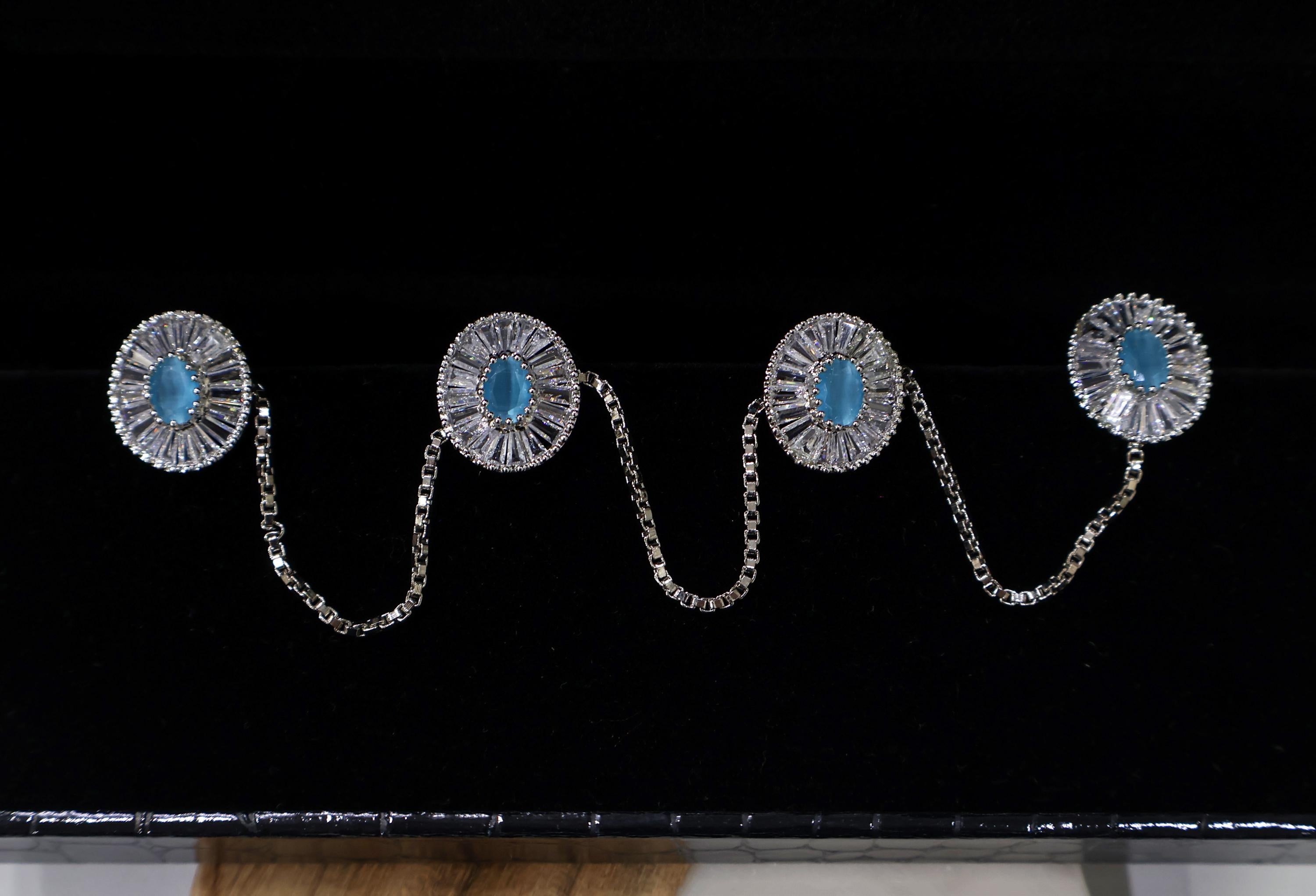 Men's Kurta Buttons: Silver & Light Blue Crystal Chain Set