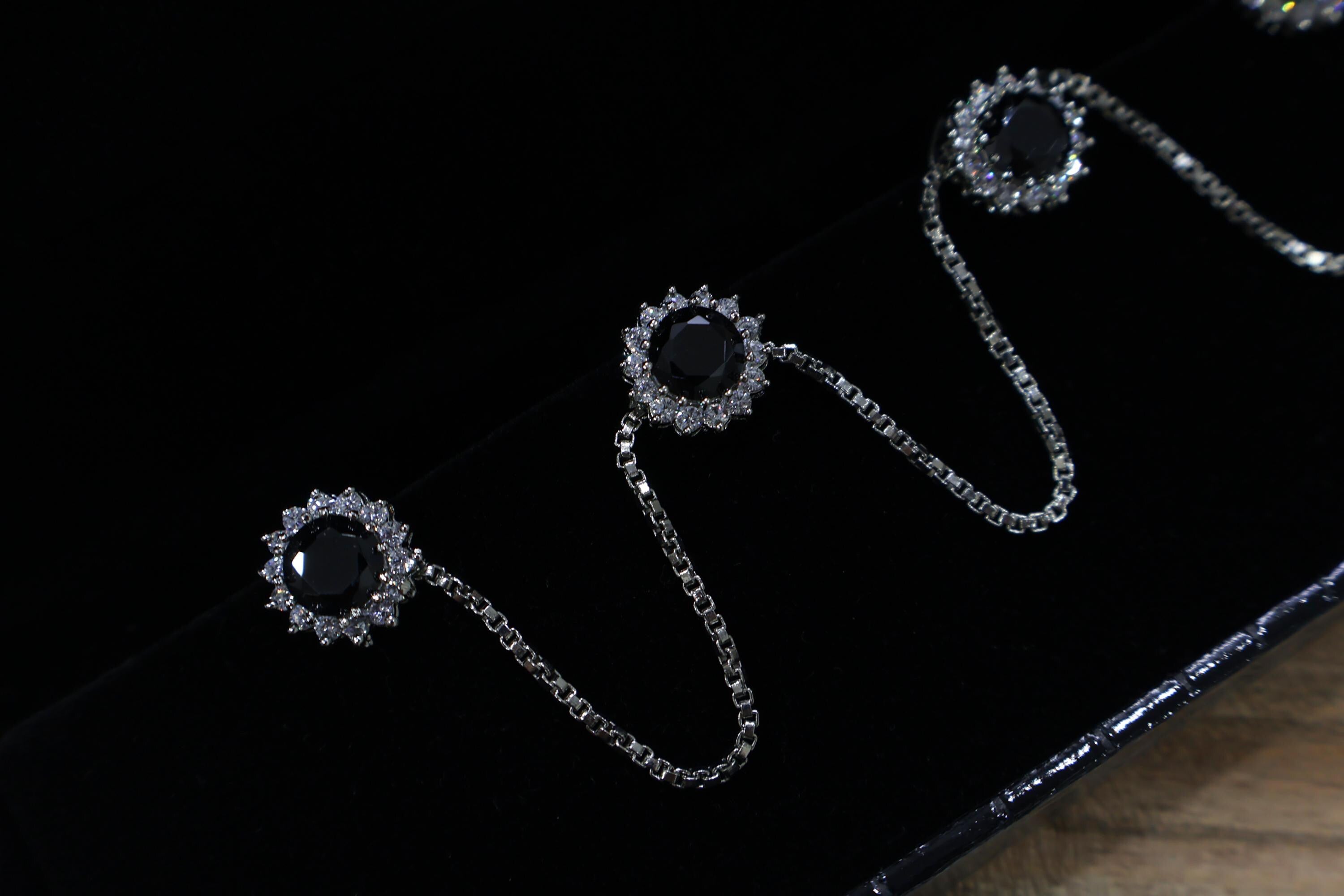 Black Stone Kurta Buttons with Silver Chain - Indian Ethnic Set of 4