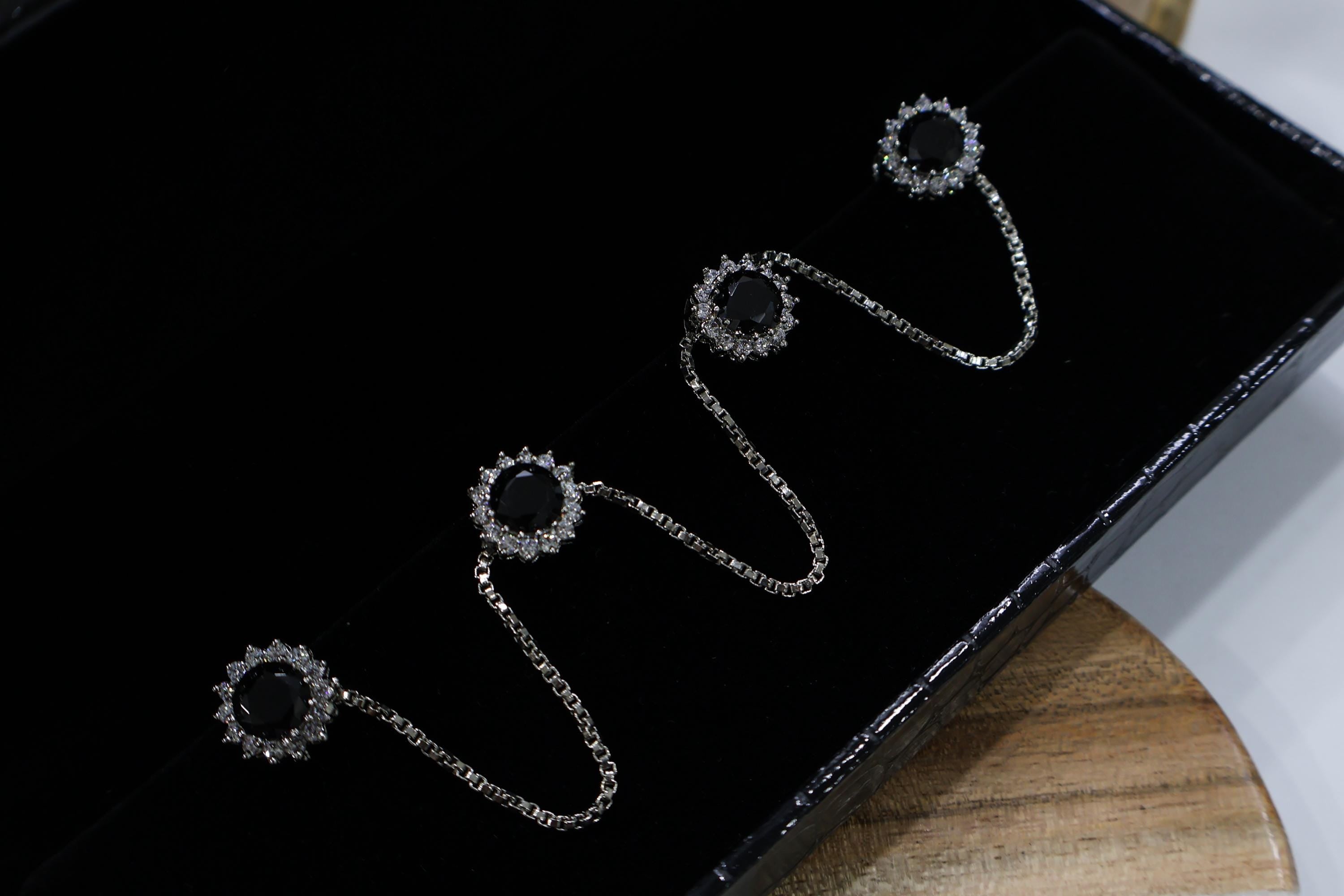 Black Stone Kurta Buttons with Silver Chain - Indian Ethnic Set of 4