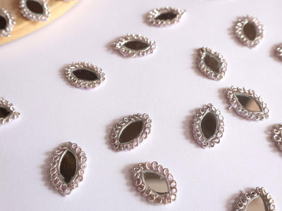 25 Pc - Oval Shaped Silver Mirror Applique Patches, Indian Decorative Zircon Patches