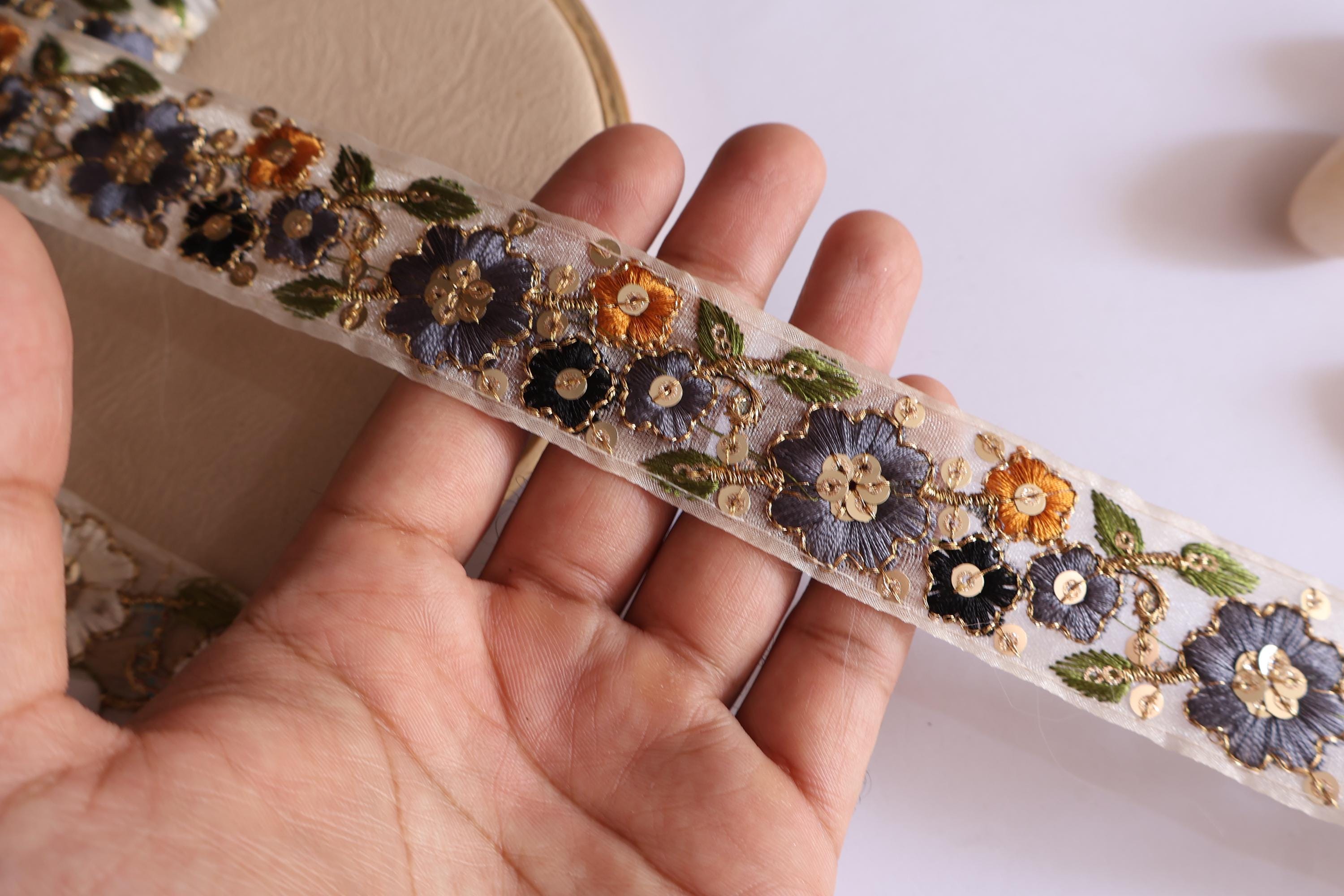 Floral Lace Trim: Colorful Threadwork Indian Ribbon, 9 Yards