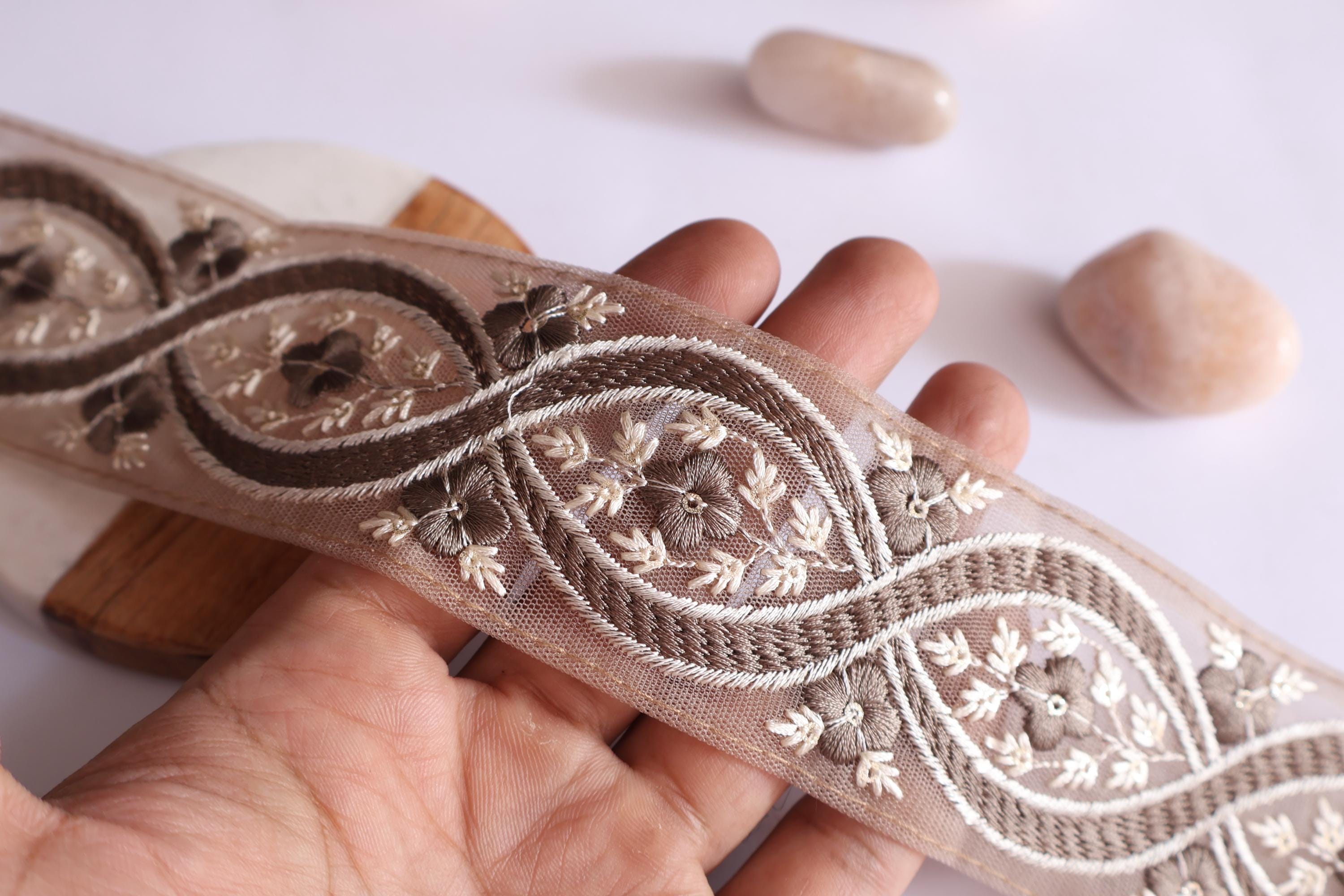 Floral Embroidered Border Trim: Light Brown Lace, Sari Embellishment (9 Yards)