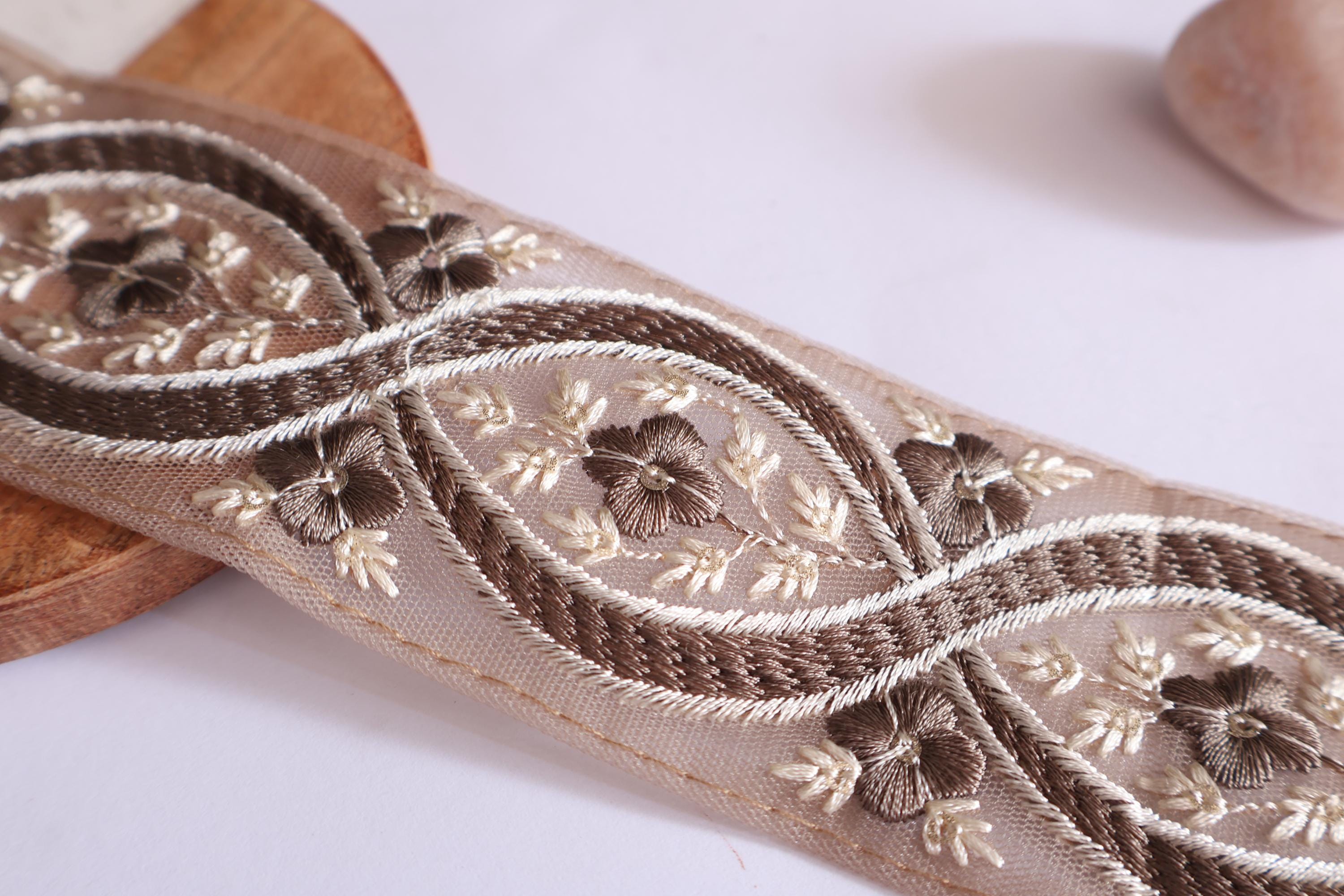 Floral Embroidered Border Trim: Light Brown Lace, Sari Embellishment (9 Yards)
