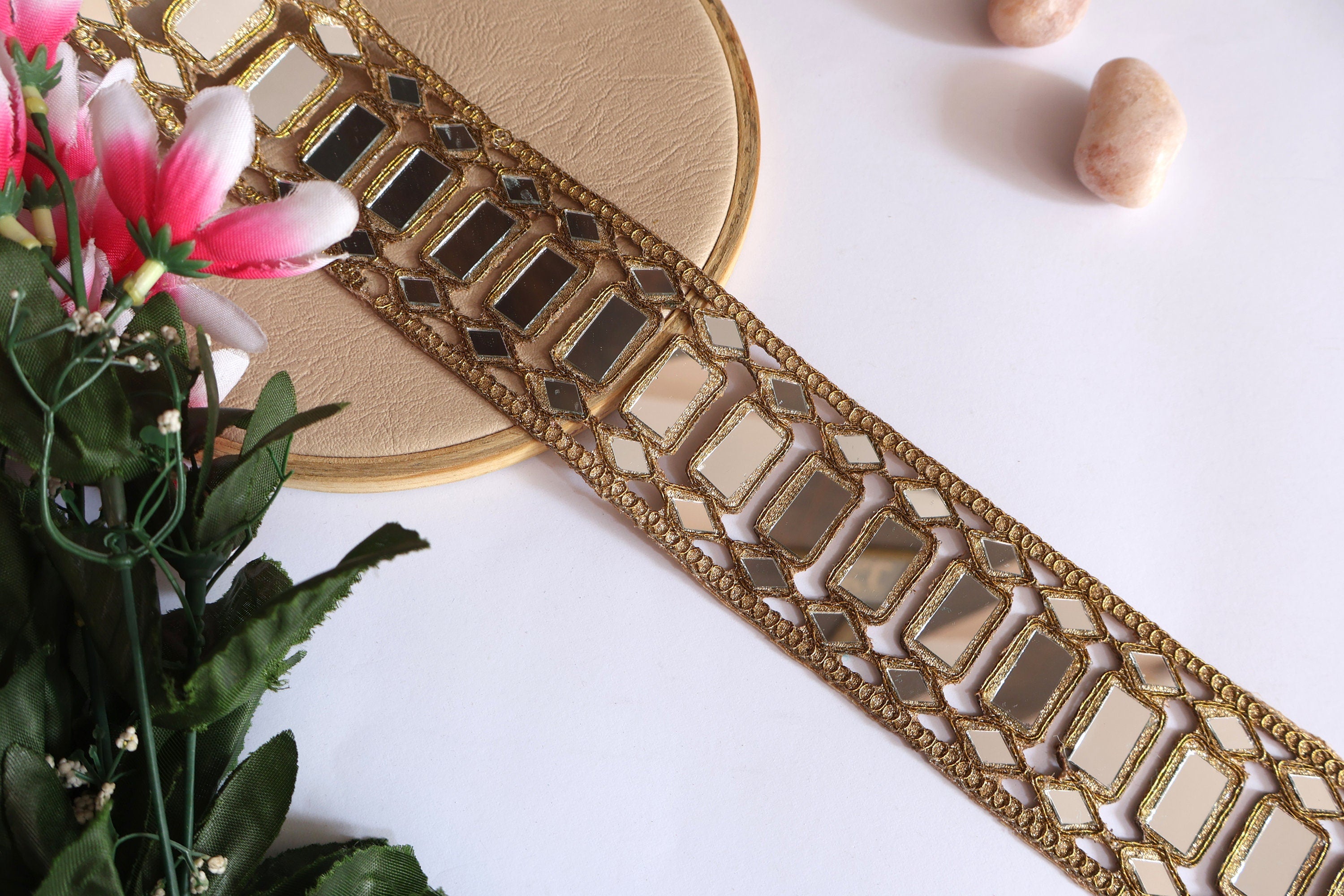 Gold Mirror Lace Trim: Rectangular Embellishment, 5.5cm Wide