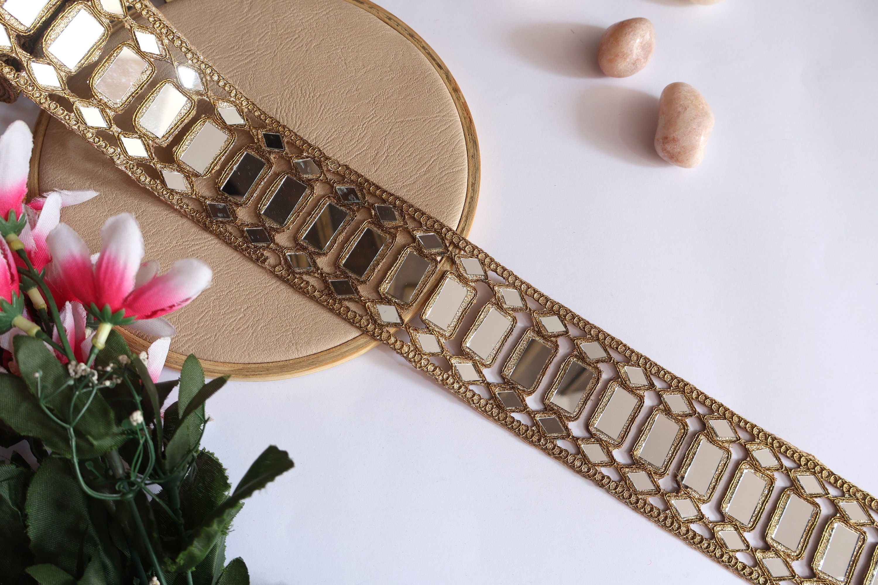 Gold Mirror Lace Trim: Rectangular Embellishment, 5.5cm Wide