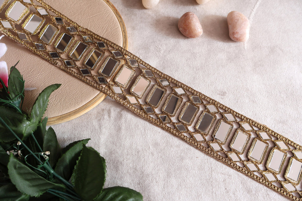 Gold Mirror Lace Trim: Rectangular Embellishment, 5.5cm Wide