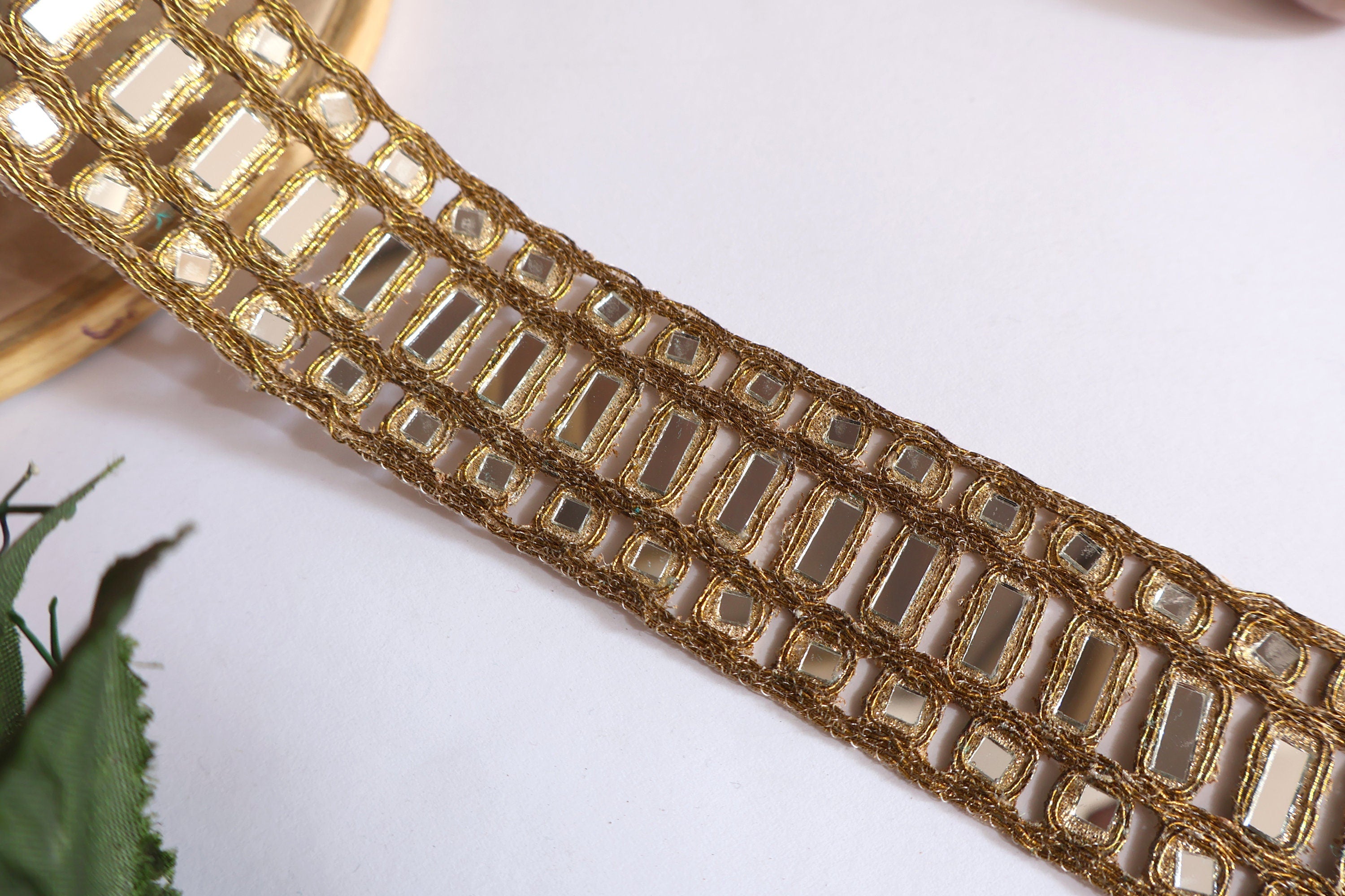 Gold Mirror Lace Trim: Rectangular Embellishment, 4.5cm Wide