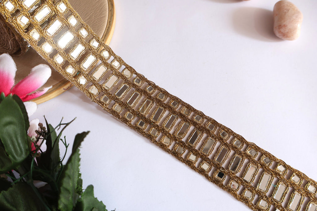 Gold Mirror Lace Trim: Rectangular Embellishment, 4.5cm Wide