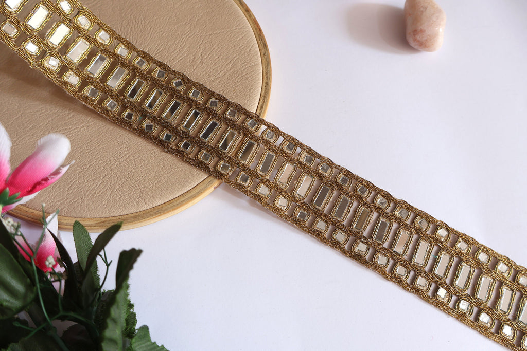 Gold Mirror Lace Trim: Rectangular Embellishment, 4.5cm Wide