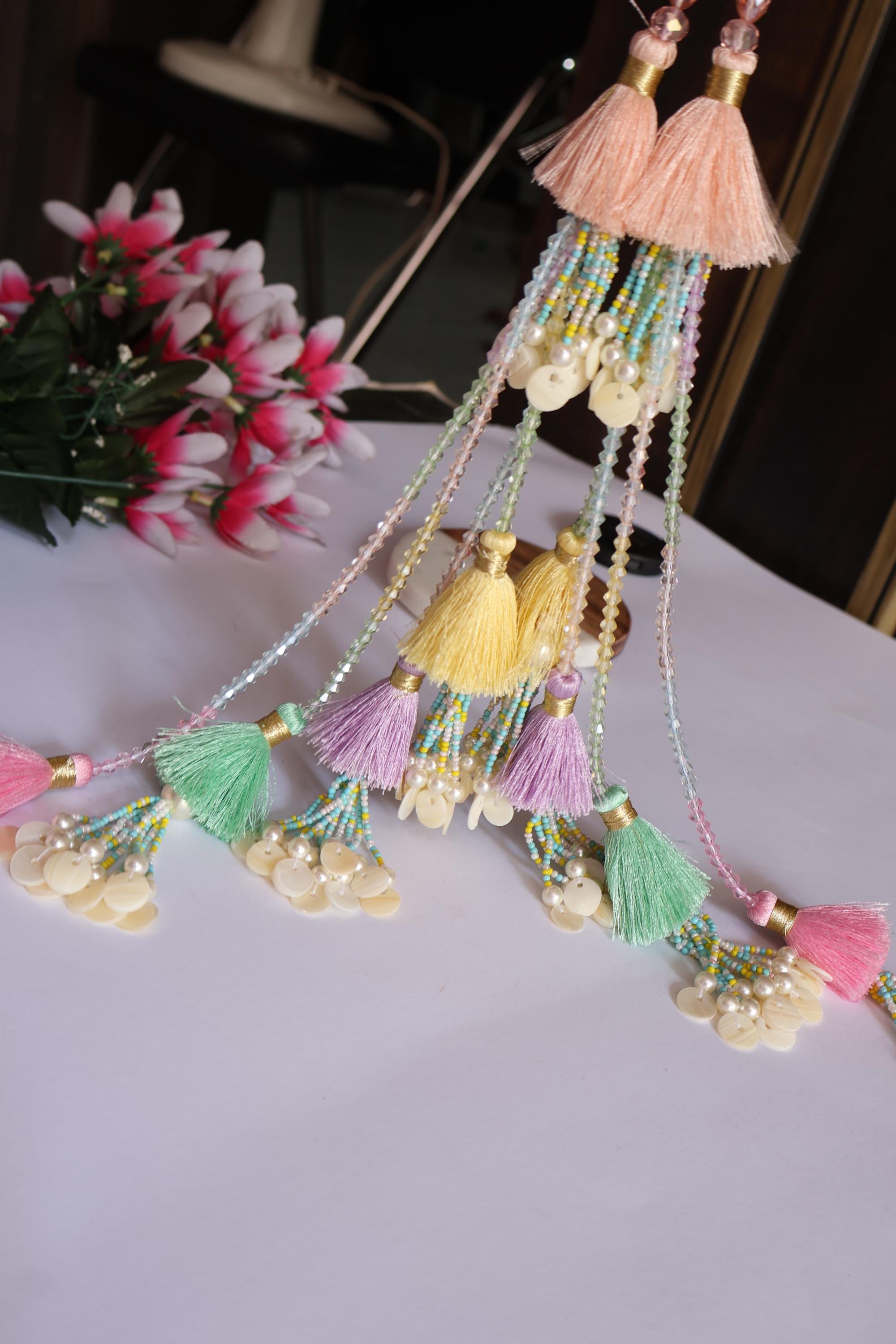 Multi Color Fringe Tassels Latkan for Lehenga & Suits, Pearl Embellished Tieback