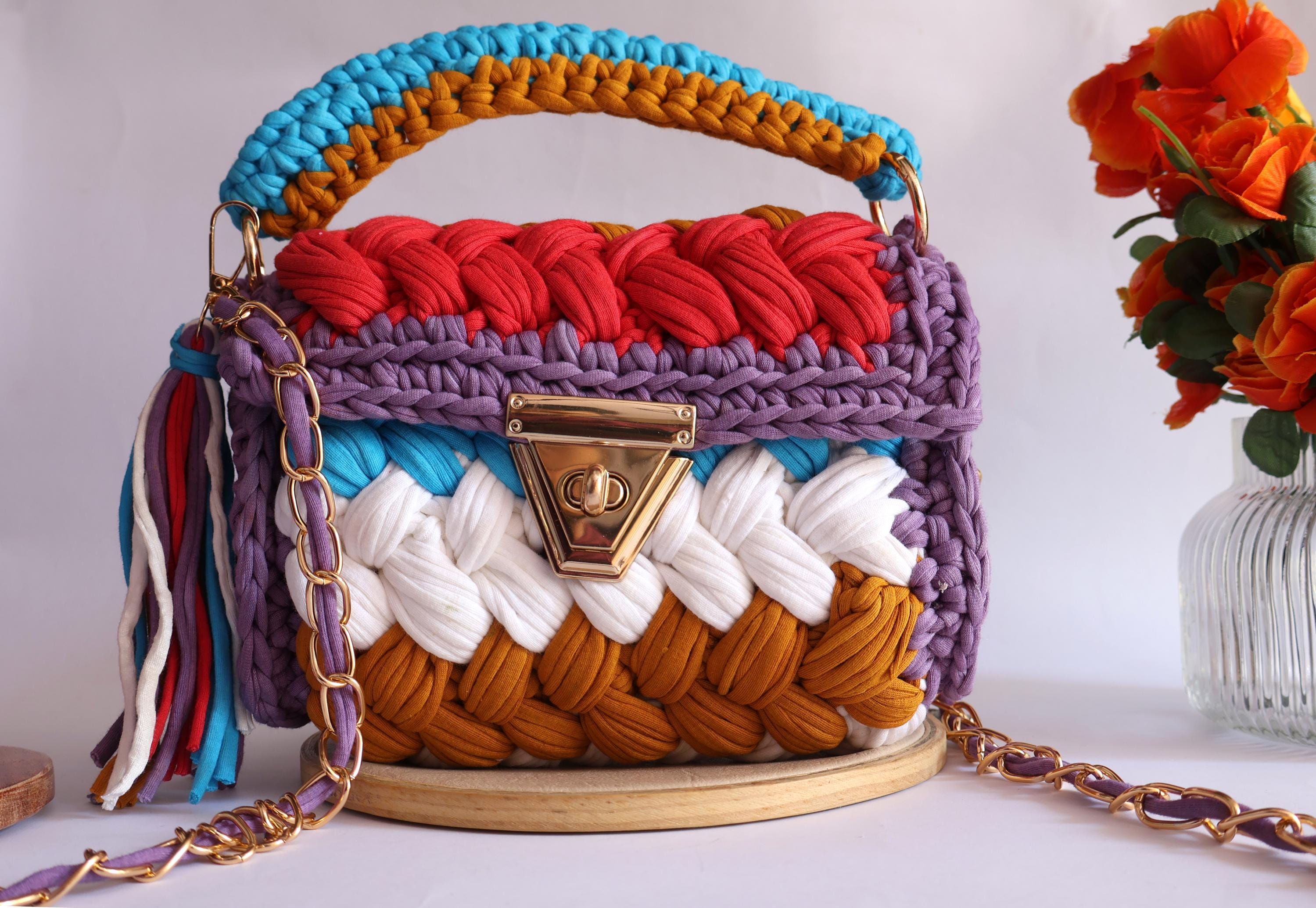 Boho Knitted Fabric Handbag: Colorful Ethnic Clutch Purse