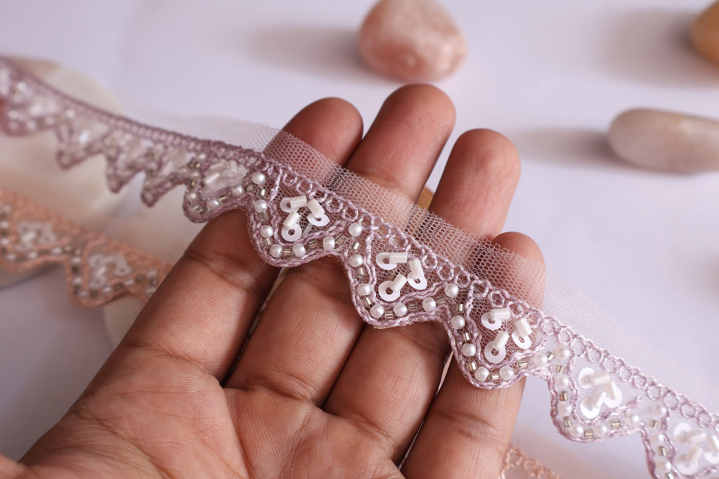 9 Yards Light Purple & Orange Beaded Embroidered Trim: Floral Lace