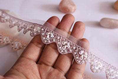 9 Yards Light Purple & Orange Beaded Embroidered Trim: Floral Lace