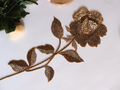 Dark Gold Sew on Embroidered Rose Patch - 1 Pc