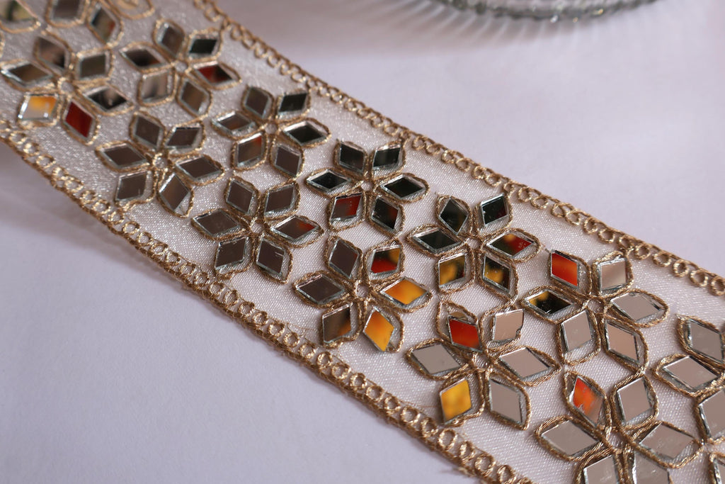 Golden Zari Trim Lace: Symmetrical Mirrors, Indian Sari Border