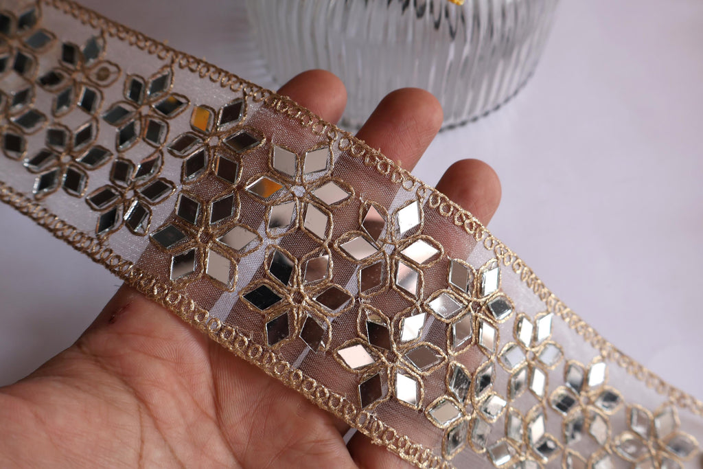 Golden Zari Trim Lace: Symmetrical Mirrors, Indian Sari Border