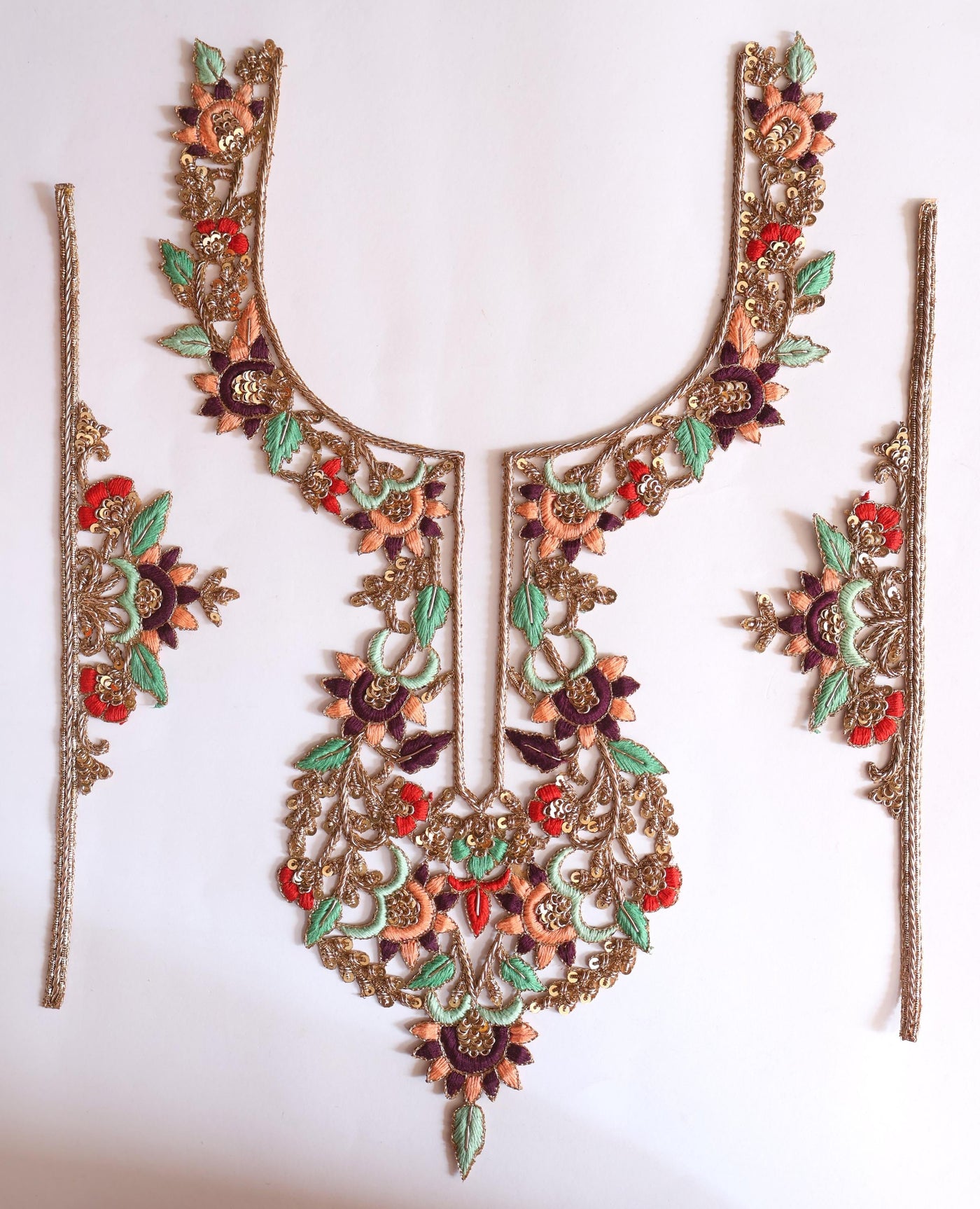Zardozi Embroidered Neckline Patch: Pista Green & Red Indian Gala Applique