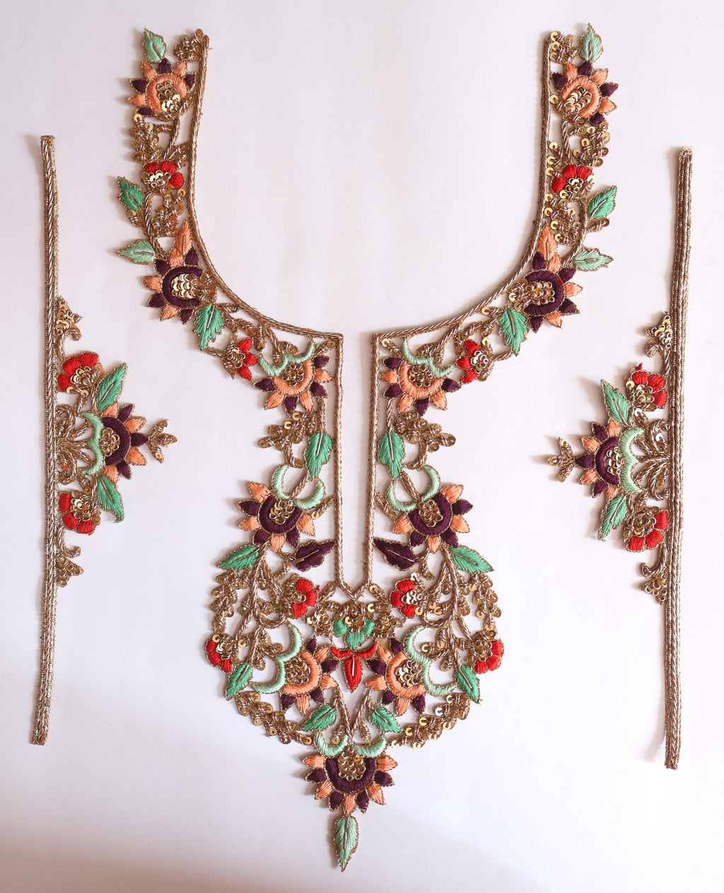 Zardozi Embroidered Neckline Patch: Pista Green & Red Indian Gala Applique