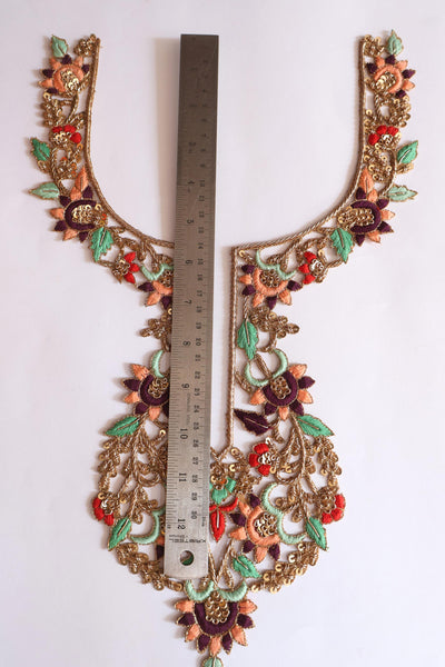 Zardozi Embroidered Neckline Patch: Pista Green & Red Indian Gala Applique