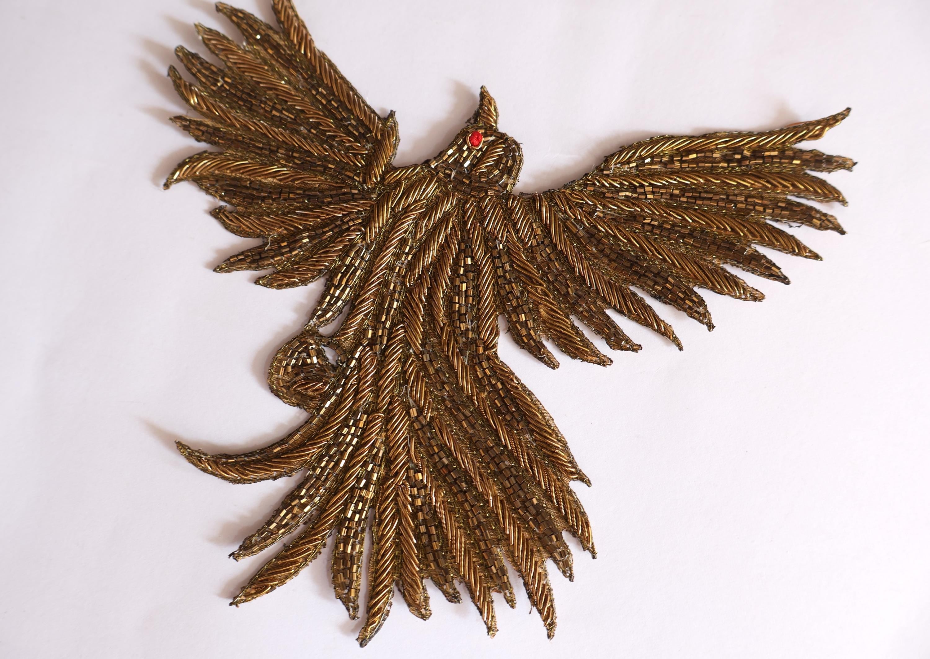 Hand Zardozi Flying Bird Applique: Gold & Grey Embroidered Patch