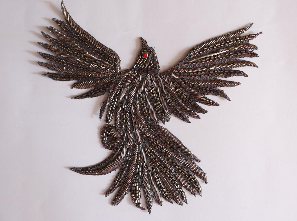 Hand Zardozi Flying Bird Applique: Gold & Grey Embroidered Patch