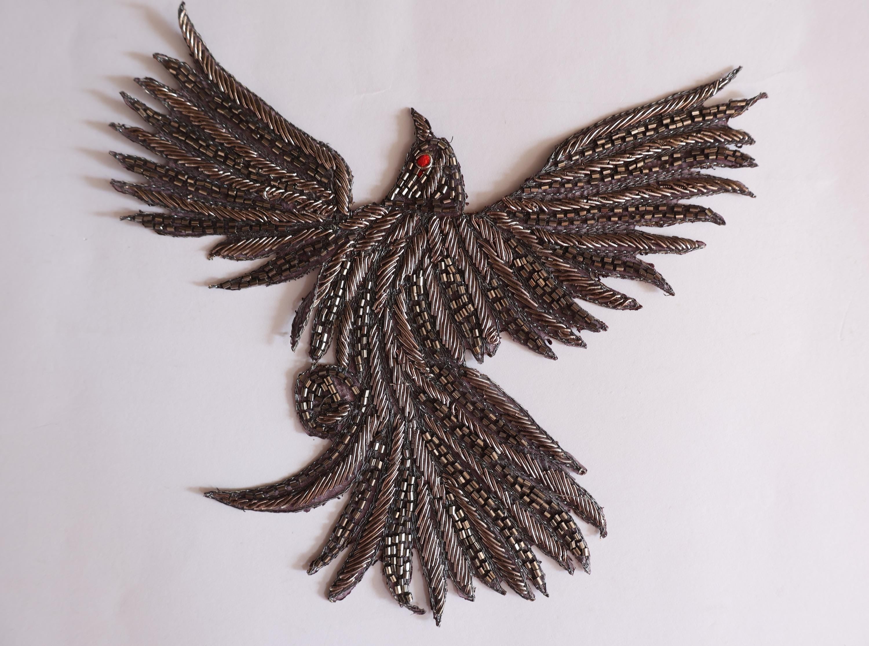 Hand Zardozi Flying Bird Applique: Gold & Grey Embroidered Patch