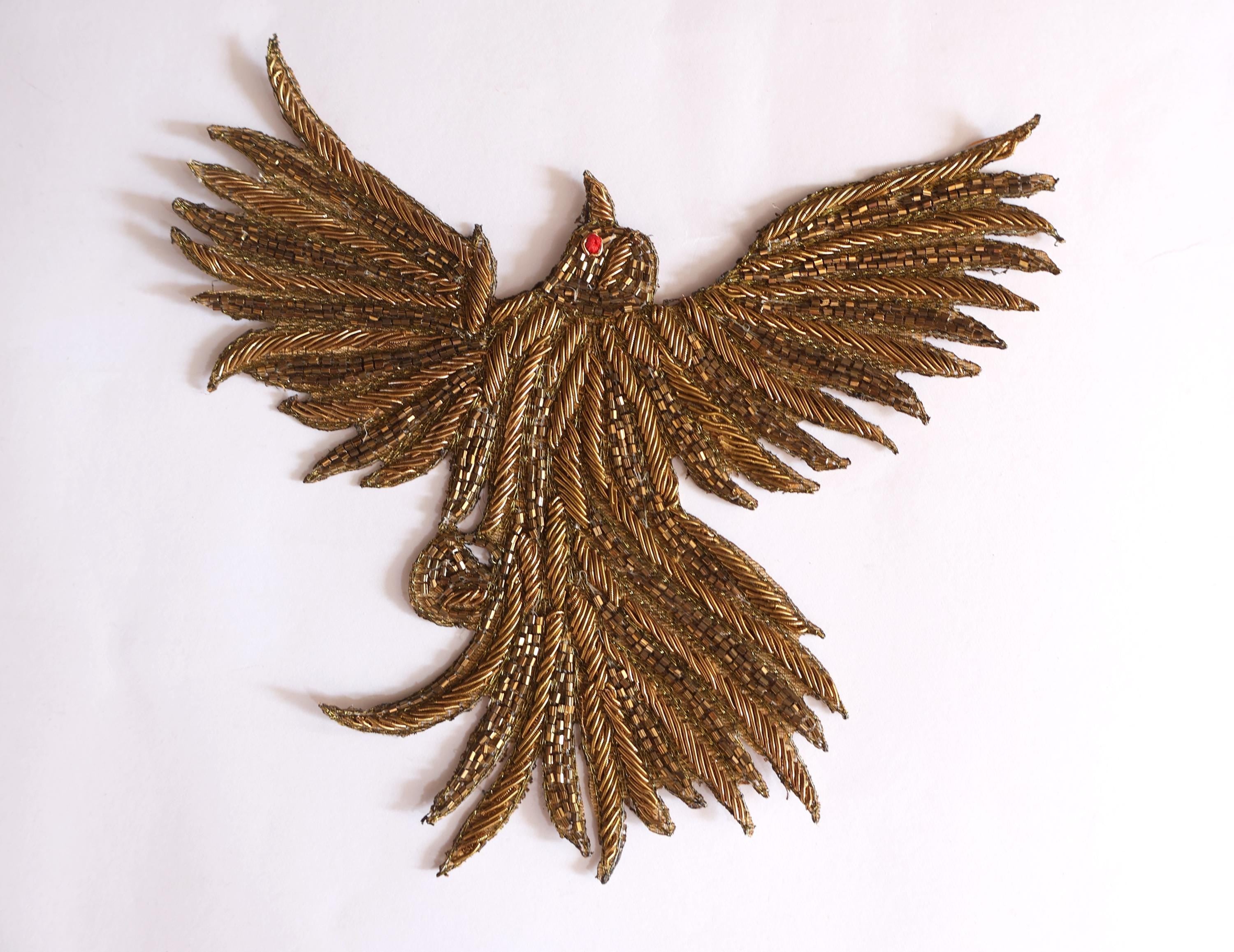 Hand Zardozi Flying Bird Applique: Gold & Grey Embroidered Patch