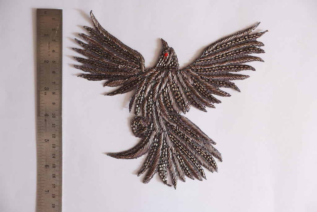 Hand Zardozi Flying Bird Applique: Gold & Grey Embroidered Patch