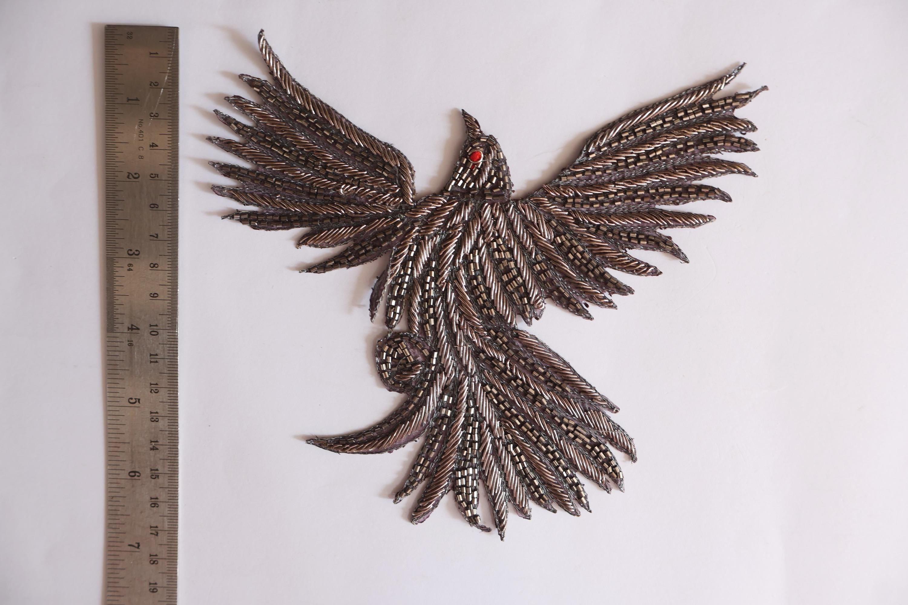 Hand Zardozi Flying Bird Applique: Gold & Grey Embroidered Patch