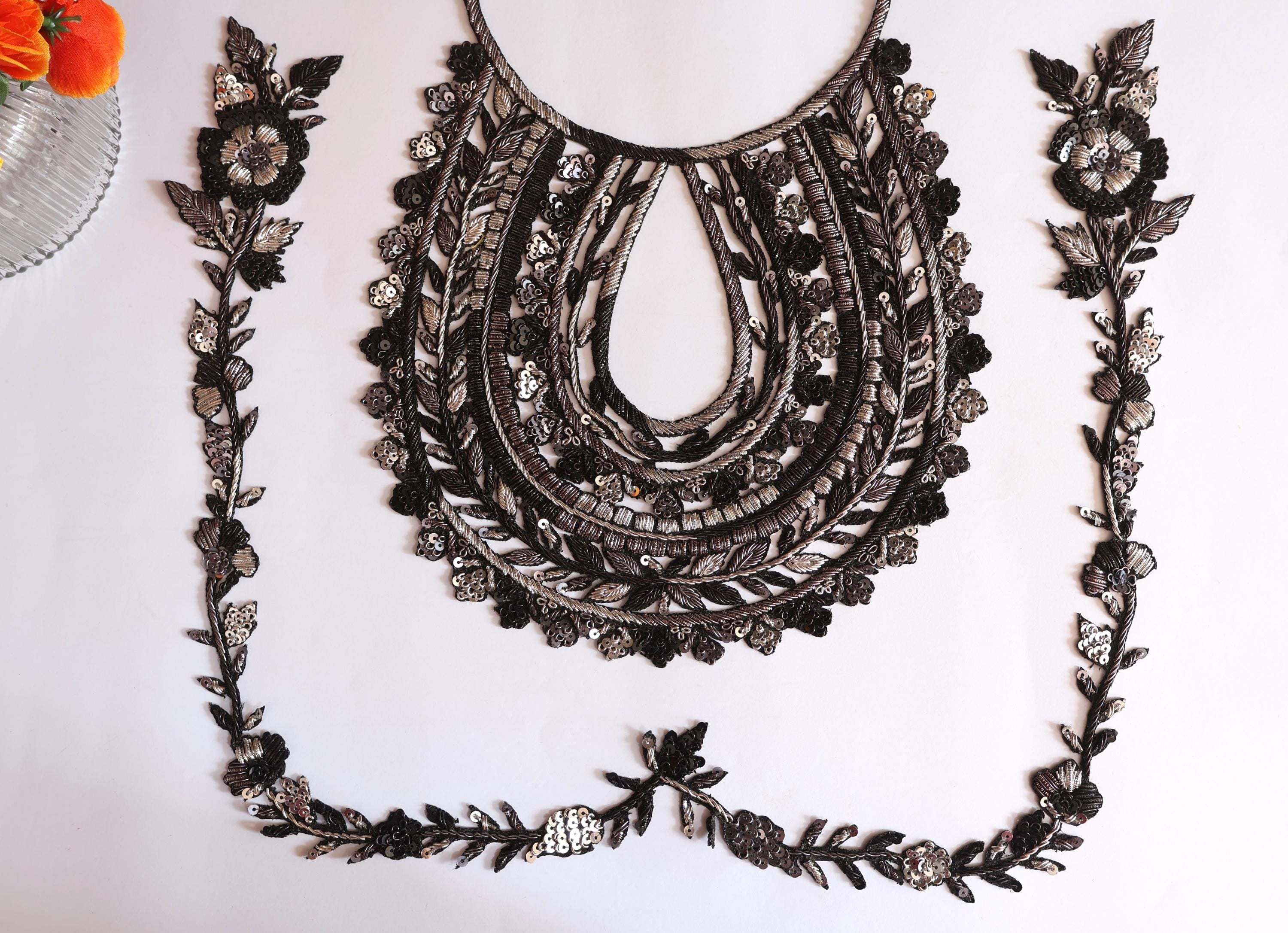 Embroidered Silver Black Neckline Patch: Indian Zardozi Vine Trim