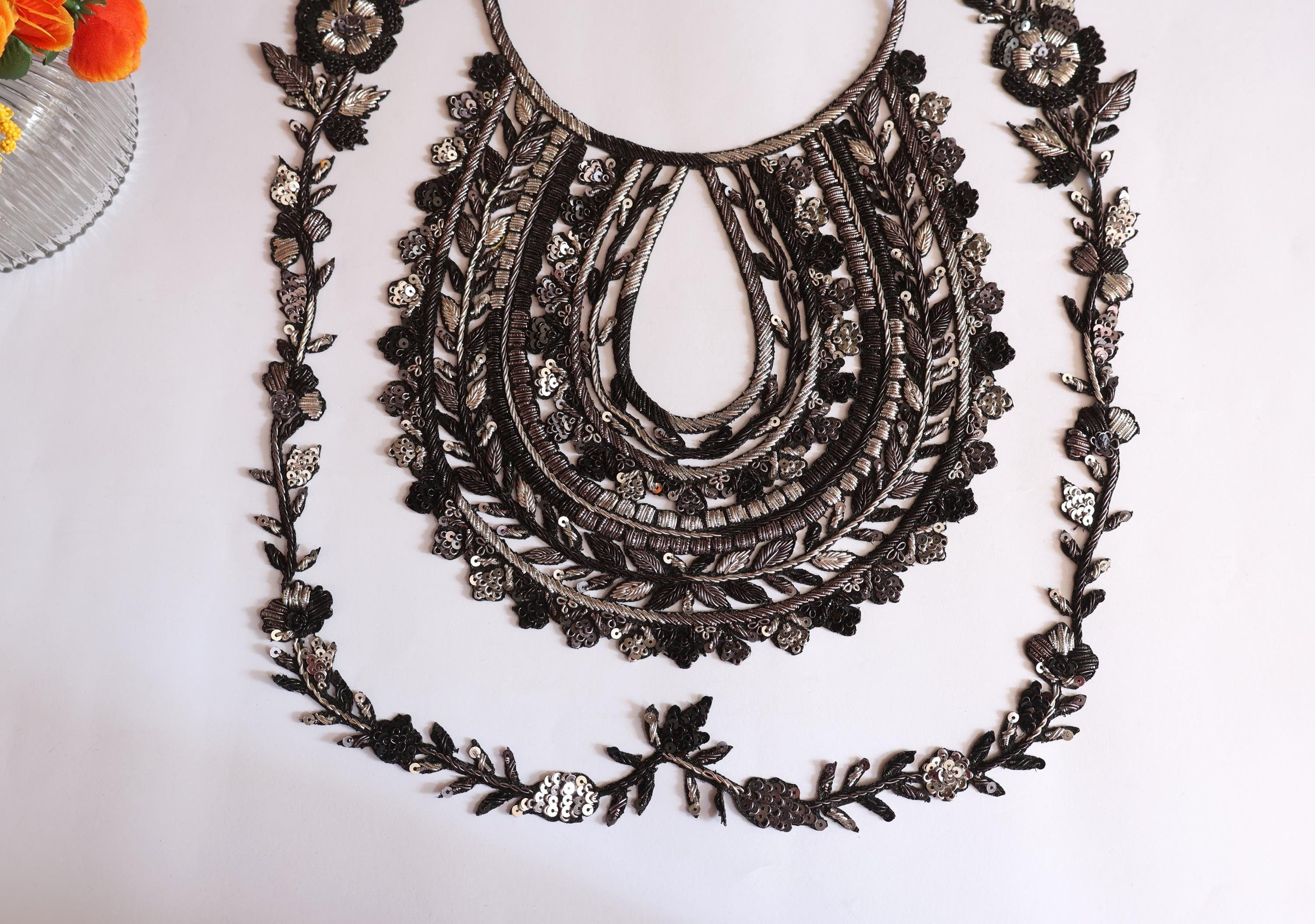Embroidered Silver Black Neckline Patch: Indian Zardozi Vine Trim