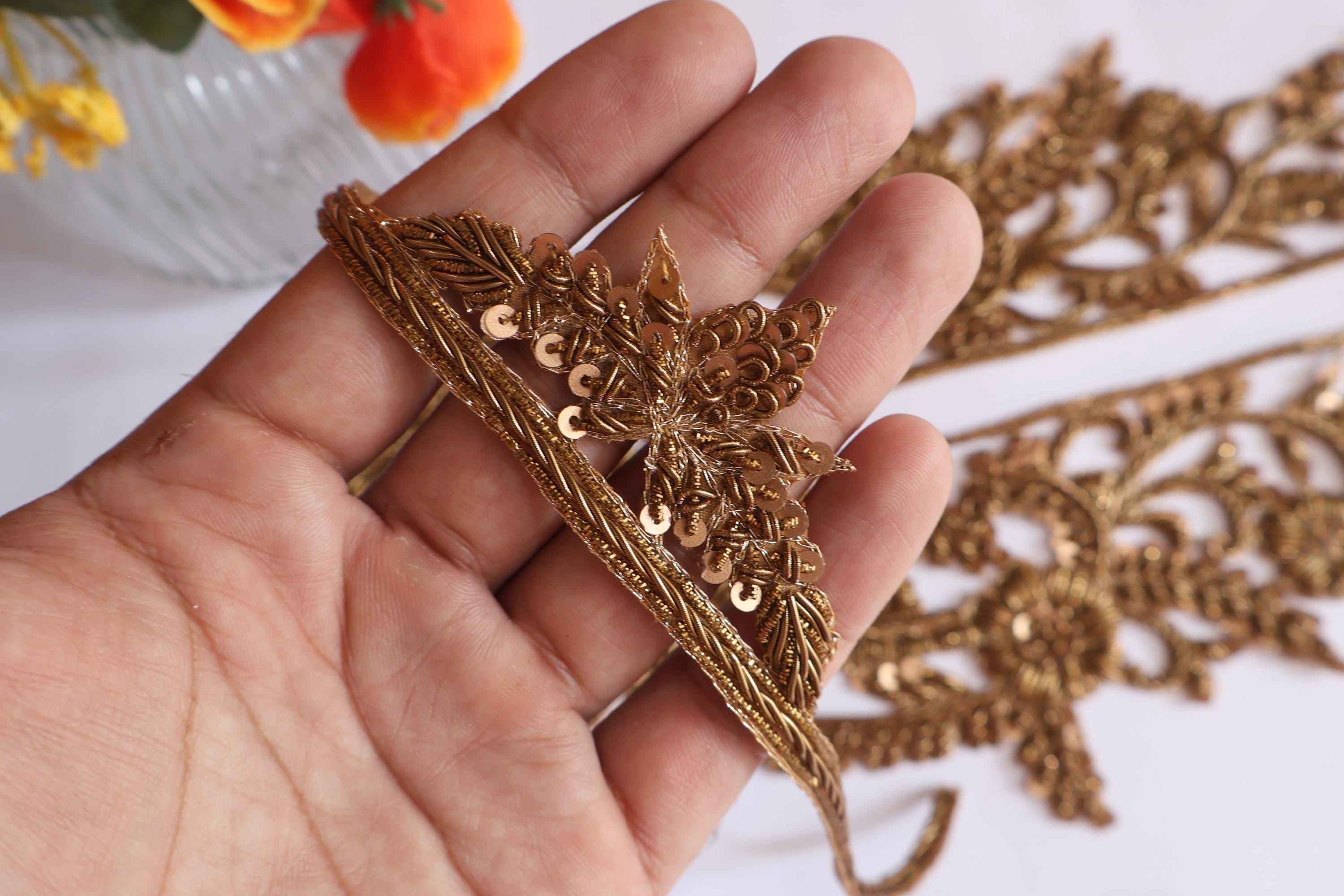 Embroidered Zardozi Neckline Patch with Sleeves: Indian Brasswork Applique