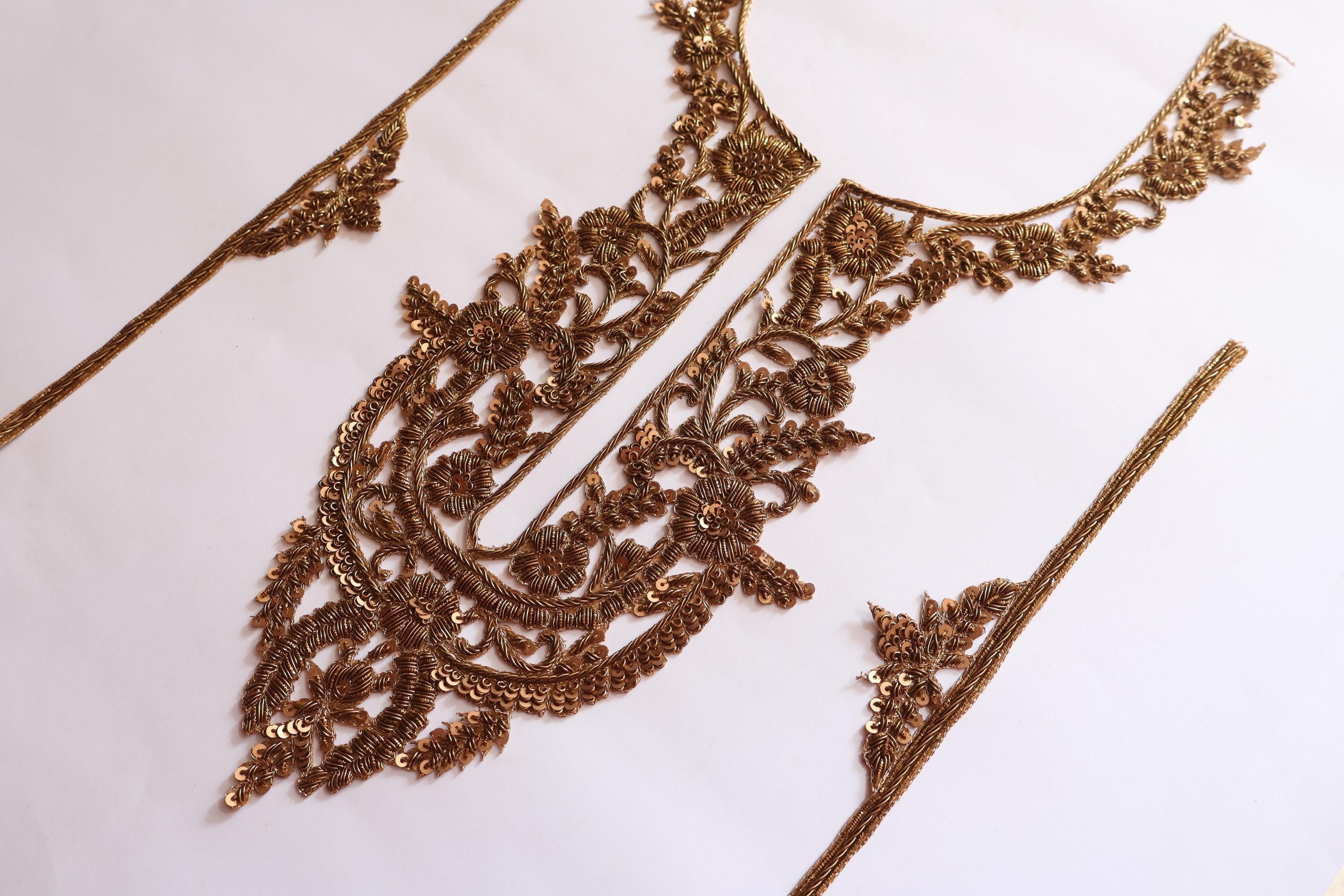 Embroidered Zardozi Neckline Patch with Sleeves: Indian Brasswork Applique