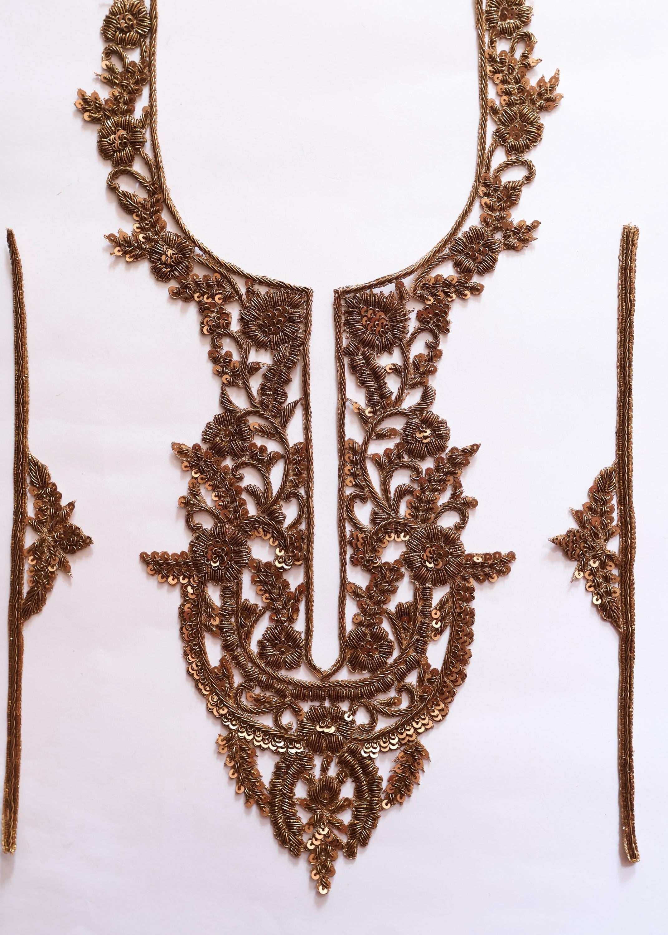 Embroidered Zardozi Neckline Patch with Sleeves: Indian Brasswork Applique