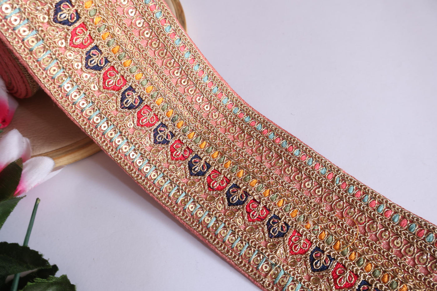 Light Peach Zari Sequin Embroidered Border Trim - 1 Yard