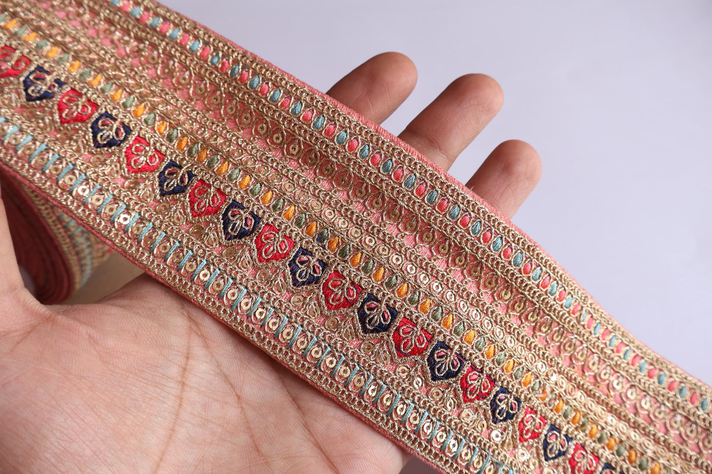 Light Peach Zari Sequin Embroidered Border Trim - 1 Yard